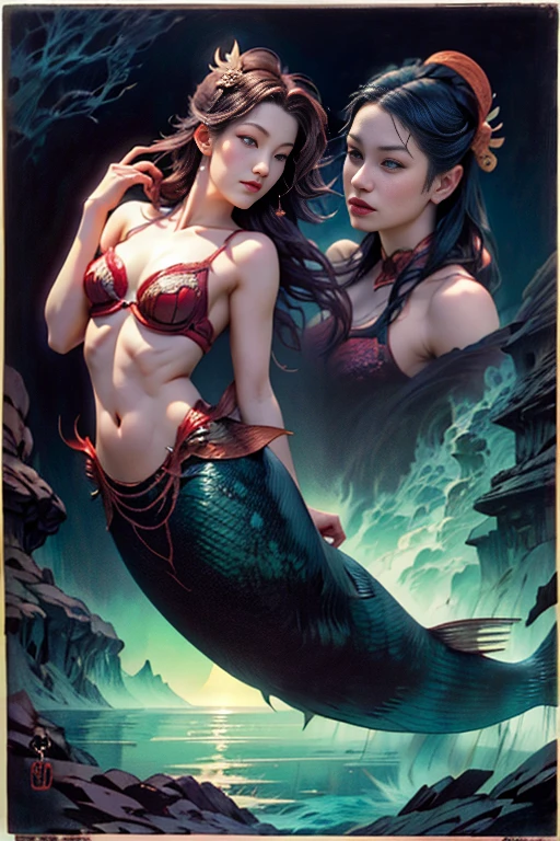 (Princess、A mermaid with the face of a beautiful woman and the body of a fish:1.9)、Waterfall climbing、(Ukiyo-e:1.9)、woodblock print、Another landscape、elegant、Intricate details、Bright colors、Dramatic lighting、Surreal atmosphere、aquatic environment、Fantasy creatures、Dynamic pose、(highest quality、8k、High resolution、masterpiece: 1.2)、Super detailed、(Real、Photorealistic、Photorealistic: 1.37)