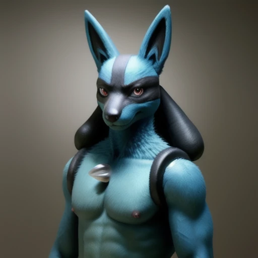 real e621, photorealistic, masterpiece, lucario_(pokemon), looking at viewer, sharp eyes, full body portrait, pecs with nipples