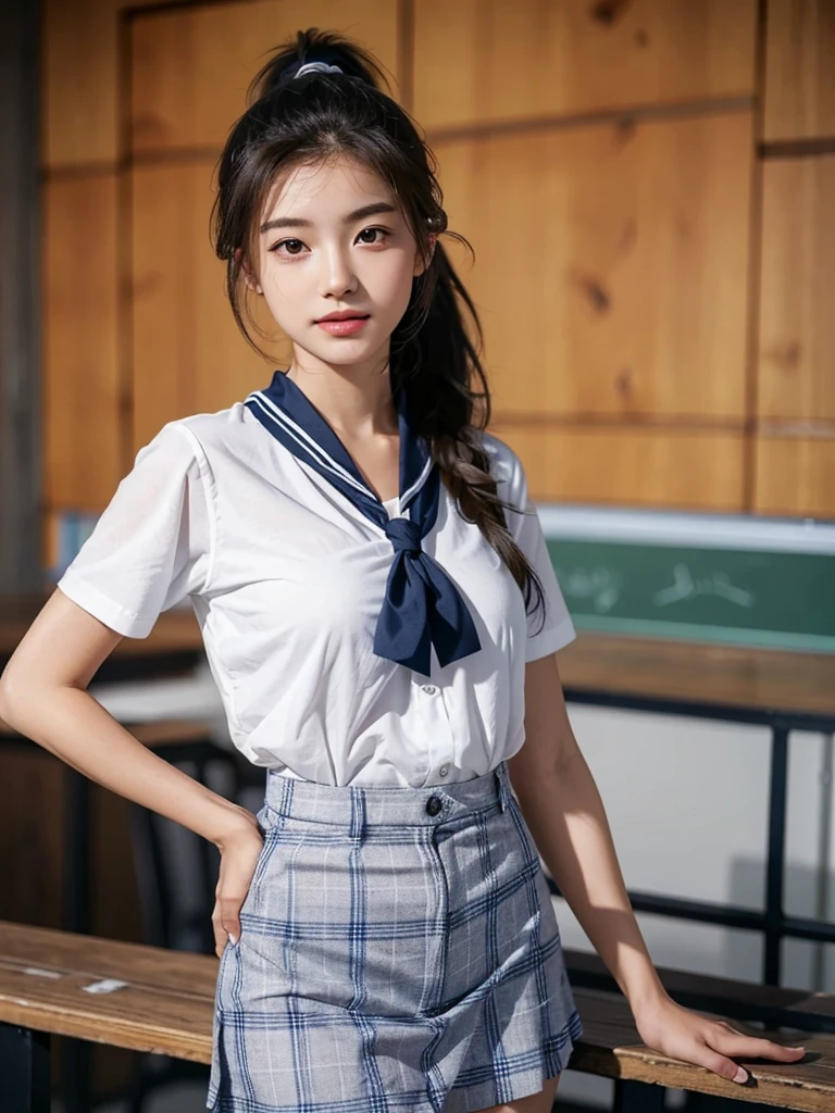 fully body photo, masterpiece, The highest image quality, High quality, the background is blurry,Beautiful woman, 18-year-old, Japanese, Detailed, Detailed eyes, Detailed skin, Beautiful skin, 超hight resolution, (reality: 1.4),Very beautiful woman, Slightly younger face, Beautiful skin, slender, (Ultra photo realsisim), (hight resolution), (8K), (Very detailed) (beautifully detailed eyes), (super detailed), (Detailed face), view the viewer, Fine details, Detailed face, Seductive Smile, very large round breasts, Staring straight ahead, Staring straight ahead, photos realistic, Bright lighting, Professional Lighting, Black hair, ponytail,a baby face,eighteen years old,Hairstyle: ponytail,wear a white ribbon,Long ponytail hairstyle,An amusement park,natta,Enjoying dating,Angle from waist up,standing and posing, Serafuku,Classroom,high , tight shirt, short sleeve white shirt, translucent shirt,Sailor suit,Navy blue plaid skirt, miniskirt, red sailor knot scarf