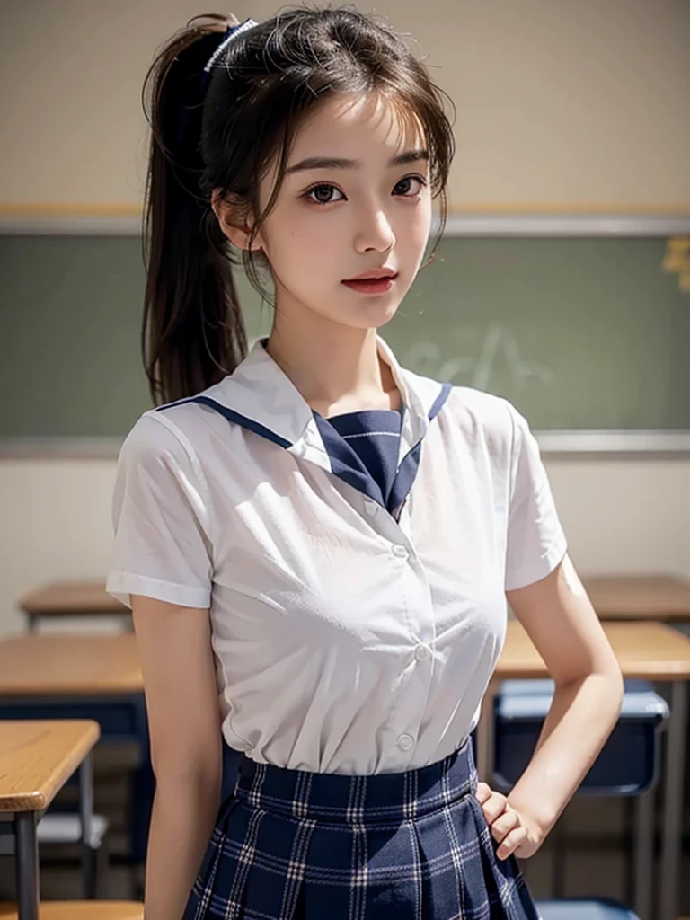 fully body photo, masterpiece, The highest image quality, High quality, the background is blurry,Beautiful woman, 18-year-old, Japanese, Detailed, Detailed eyes, Detailed skin, Beautiful skin, 超hight resolution, (reality: 1.4),Very beautiful woman, Slightly younger face, Beautiful skin, slender, (Ultra photo realsisim), (hight resolution), (8K), (Very detailed) (beautifully detailed eyes), (super detailed), (Detailed face), view the viewer, Fine details, Detailed face, Seductive Smile, very large round breasts, Staring straight ahead, Staring straight ahead, photos realistic, Bright lighting, Professional Lighting, Black hair, ponytail,a baby face,eighteen years old,Hairstyle: ponytail,wear a white ribbon,Long ponytail hairstyle,An amusement park,natta,Enjoying dating,Angle from waist up,standing and posing, Serafuku,Classroom,high , tight shirt, short sleeve white shirt, translucent shirt,Sailor suit,Navy blue plaid skirt, miniskirt, red sailor knot scarf