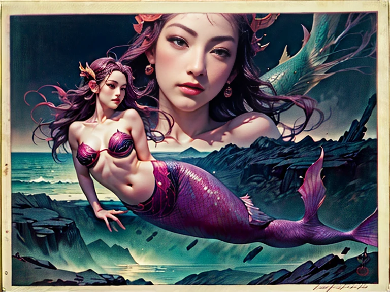 (Princess、A mermaid with the face of a beautiful woman and the body of a fish:1.9)、Waterfall climbing、(Ukiyo-e:1.9)、woodblock print、Another landscape、elegant、Intricate details、Bright colors、Dramatic lighting、Surreal atmosphere、aquatic environment、Fantasy creatures、Dynamic pose、(highest quality、8k、High resolution、masterpiece: 1.2)、Super detailed、(Real、Photorealistic、Photorealistic: 1.37)