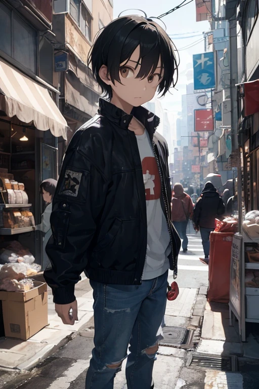 A man/boy, skin litle bit brown asian skin, small head, oval asian tepared face, kinda beautiful face, no expression so cold, with sharp shape eye, coma hair litle bit mess, thin, and ear a litlte bit large, age 16, wearing cyberpunk style jacket, in hykros tower of fantasy future sci fi l, take picture of her full body, take picture he standing so far at night