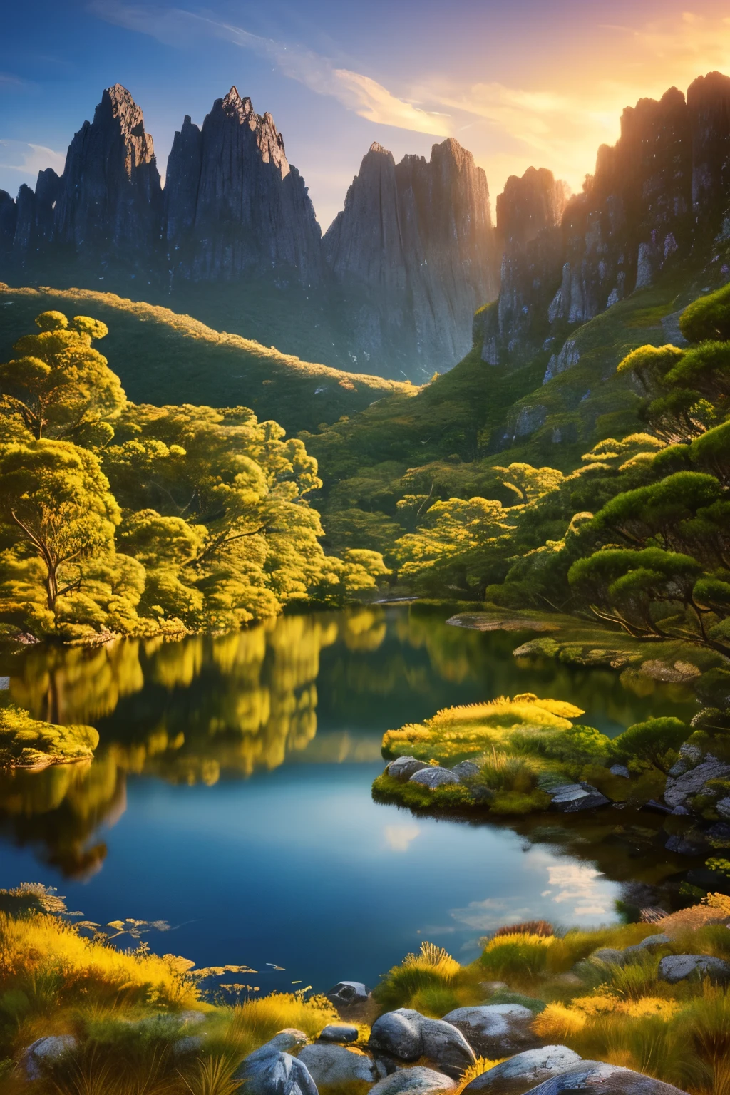 A highly detailed anime illustration, Tasmania Cradle Mountain
landscape,
vintage, dreamy, drawing, trending on artstation, UHD, (((by Quentin de Warren))):1.8, atmosphere, luminosity