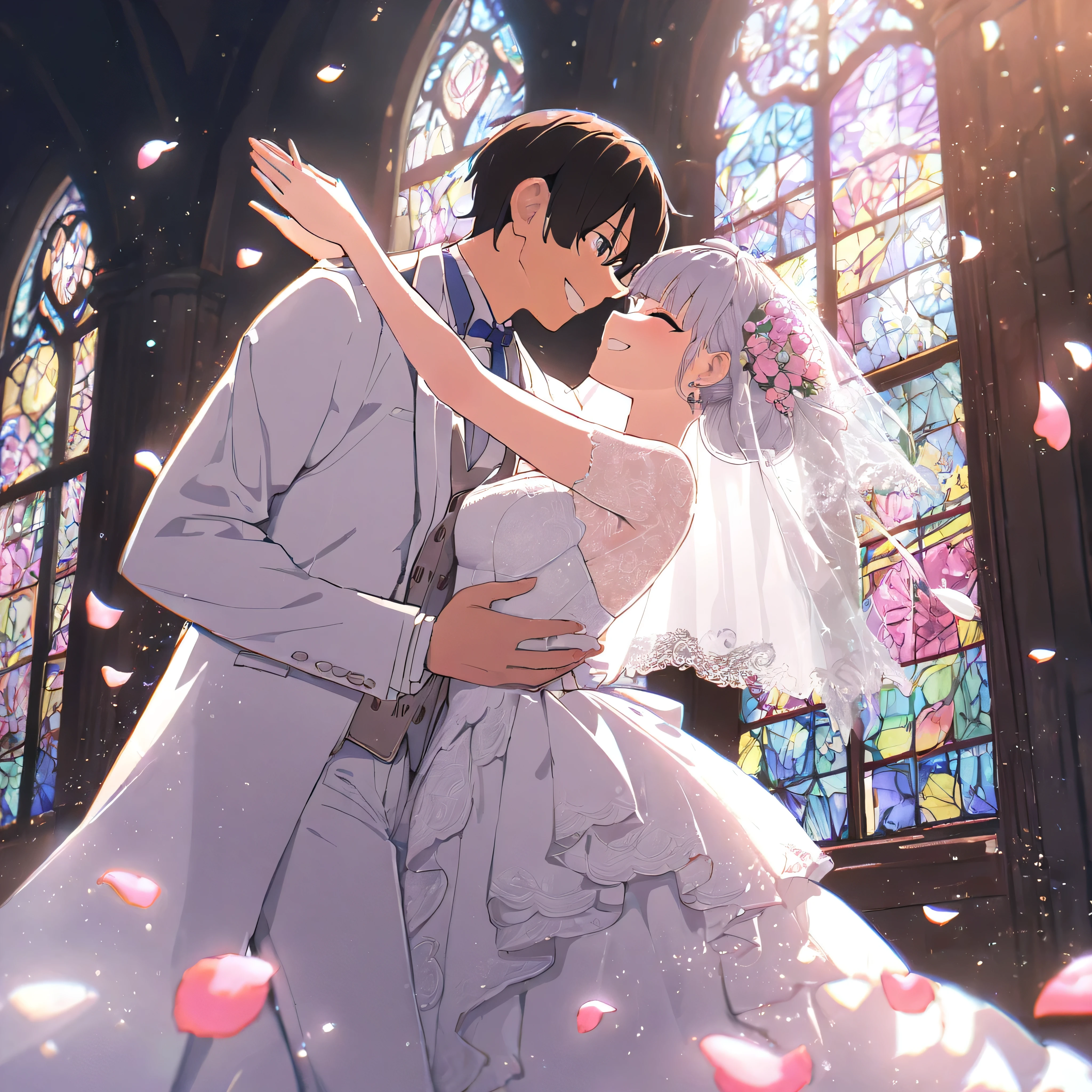 masterpiece, top quality, fine detail, absurd, June bride, height difference couple, full smile, smiling facing each other, kawaii, bride in wedding dress with long lace veil and bouquet and tall groom in white tuxedo, church doors open in background, (stained glass:1.2), bright light, (light particles dancing:1.5), (flower petals dancing:1.5),AddXL