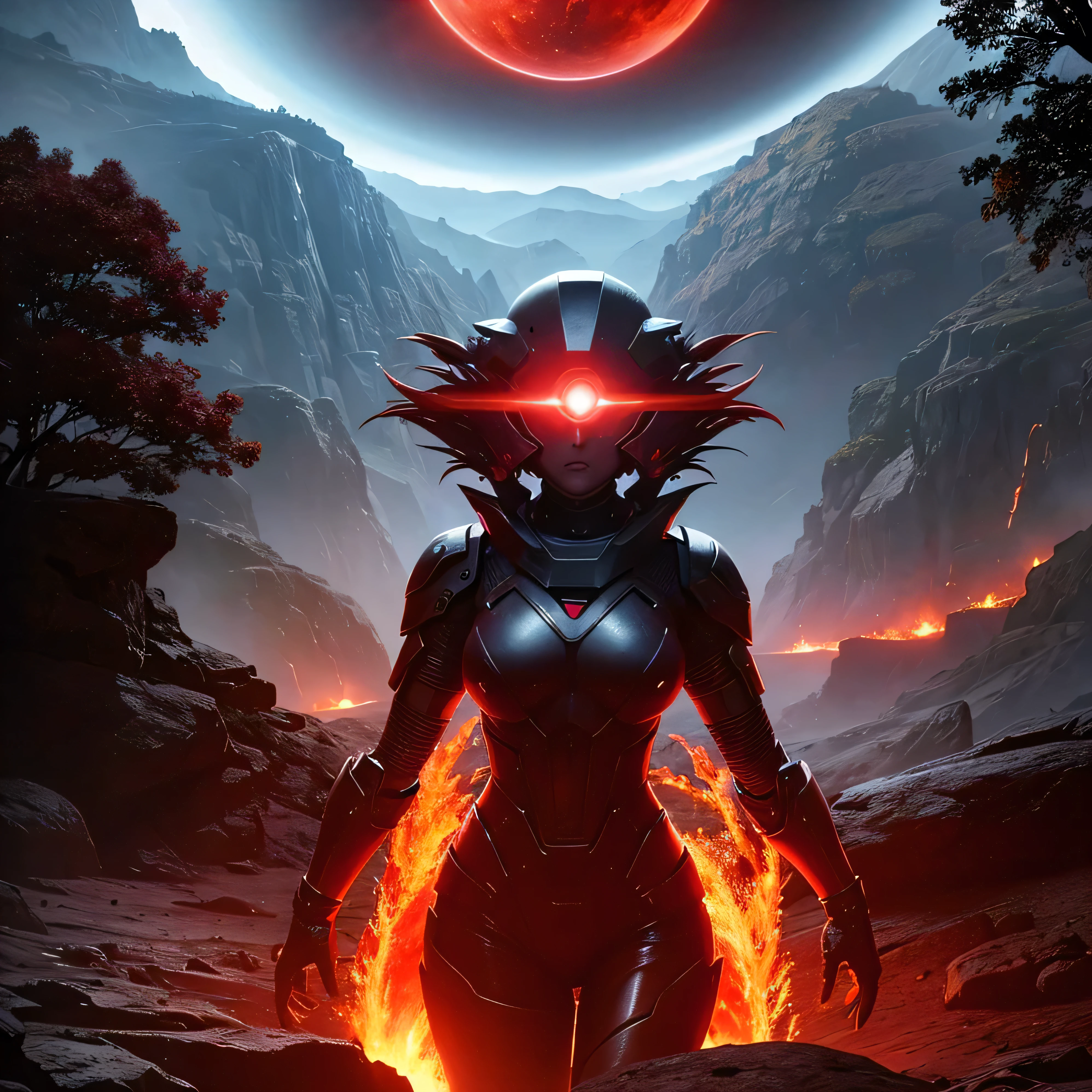 cybernetic earth with a red light inside, mechanized earth crust, the earth sprouts lava, earth's red mantle is visible, hollow earth, vtm, canyons and ridges all across earth, the whole world is on fire ablaze
