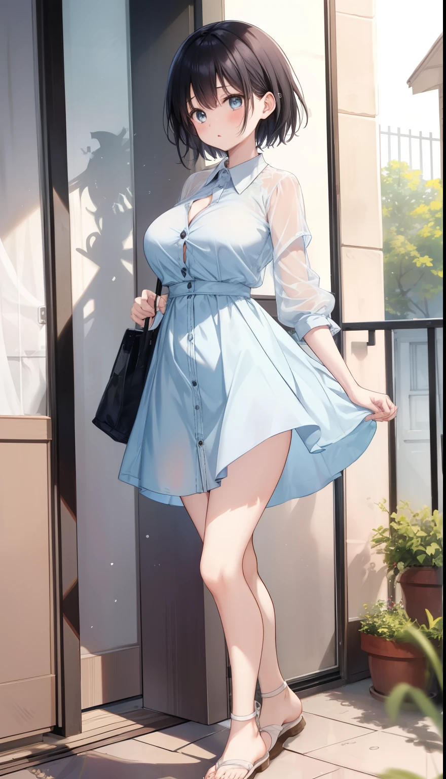 One Girl、positive、Standing posture、Full body portrait、Black Hair、Medium Haircut、blush、Absolute area、No panties、No bra、barefoot、Light blue dress、(Very large breasts)、Cleavage、((Lesbians around the world))、masterpiece、(highest quality)、
Panties around the ankles、White Sandals、Shirt buttons fly off、Unbutton your shirt、Exposing the breasts、
