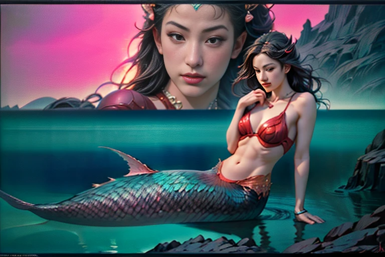 (Princess、A mermaid with the face of a beautiful woman and the body of a fish:1.9)、Waterfall climbing、(Ukiyo-e:1.9)、woodblock print、Another landscape、elegant、Intricate details、Bright colors、Dramatic lighting、Surreal atmosphere、aquatic environment、Fantasy creatures、Dynamic pose、(highest quality、8k、High resolution、masterpiece: 1.2)、Super detailed、(Real、Photorealistic、Photorealistic: 1.37)
