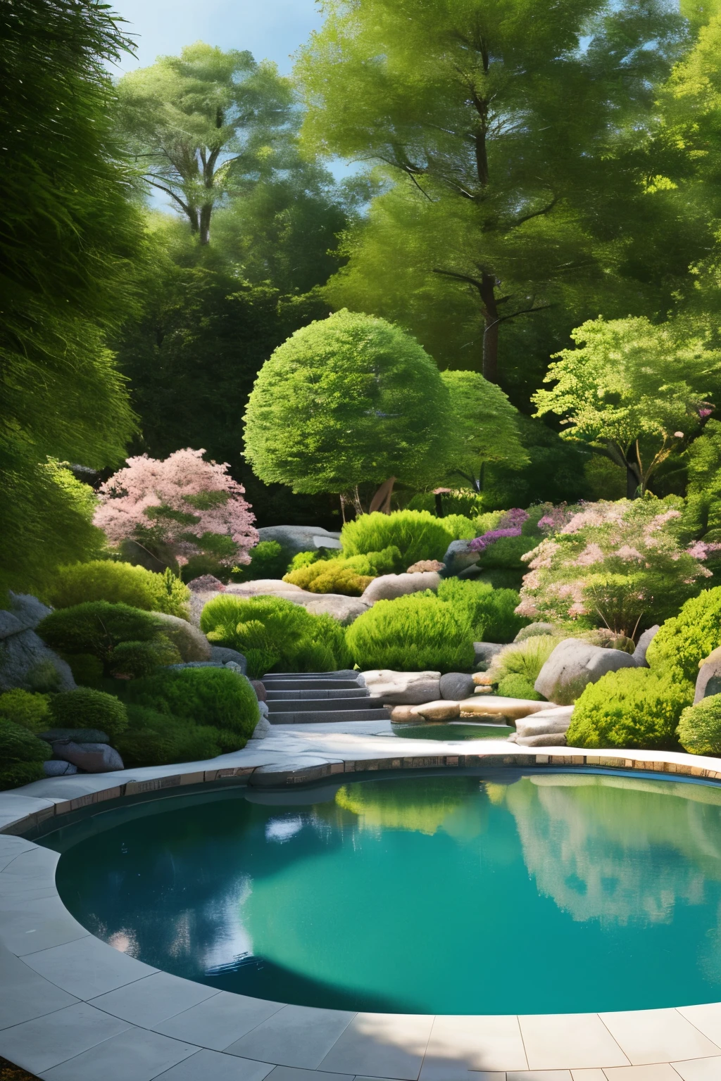 The garden and wall are planted with pine trees, pine trees, peach trees, and apricot trees. There are many types of shrubs to choose from for inclusion in Japanese garden design such as sycamore, laurel, apricot, sanh, and sapphire. Domestic plants are mainly lotus and aquatic plants such as water bamboo and betel nut. Artistic penjing trees are also integrated into rockeries and rugged rocks like cliffs, white concrete fence, A pond surrounded by a Japanese garden with shrubs, rocks, and trees and a fish tank in the garden, (architectural design visualization), (neutral natural lighting), (reflection), (focus on object), (material normal bump real reflection), (scattered light), (light ray), (multi-beam light), (sunbeam) (multi-level reflection), (chao vantage software visualization render),(((Best Quality))), ((Masterpiece)), ((best illustration)), ((best shadows)), ((Super Detail)), (Intricate lines), (Photorealism),(hyper detail), ((archdaily)), ((award winning design)), (dynamic light), spotlight, (perfect light), (shimering light), ((photorealistic)), ((intricate detail)), ((extreme detail)), ((crazy detail)), ((octane render)), ((trending on artstation)), ((High-fidelity)), ((Viwvid)), ((Crisp)), ((Bright)), ((Stunning)), ((Eye-catching)), ((High-quality)),((Sharp))((Bright)), ((Stunning)), ((Eye-catching)), ((Illuminating)), ((Flawless)), ((High-quality)),((Sharp edge render)), ((medium soft lighting)), ((photographic render)), ((detailed archviz)), ((reality environment))