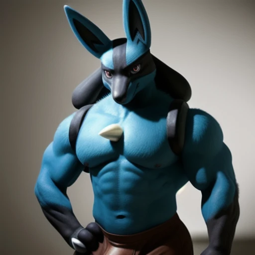 real e621, photorealistic, masterpiece, lucario_(pokemon), looking at viewer, sharp eyes, full body portrait, massive pecs, massive bulge