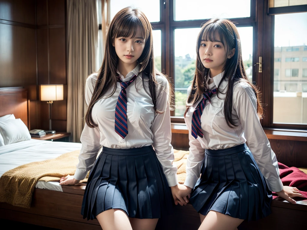 (RAW photo, 4k, masterpiece, high resolution, extremely complex) (realistic: 1.4), cinematic lighting
((2 girls, 2 schoolgirls)),Slam Dunk's,blushing,((innocent)),(Dark makeup),bright eyes,round eyes,blunt bangs,(straight hair:1.3),black hair,large breasts,wide hips,Summer Noon, 20 year old girl、cute type、ta,Hot, (Best Quality), (Highres), (an Extremely Delicate and Beautiful),(Beautiful 8k face),(Brown eyes),short bob hair,( spectators),(gigantic breasts),(Play with each other,Touching each other's bodies,Touching the body),(Japanese high school uniform:1.3),blue skirt,(reality),bright lighting,(The background is a luxury hotel room)