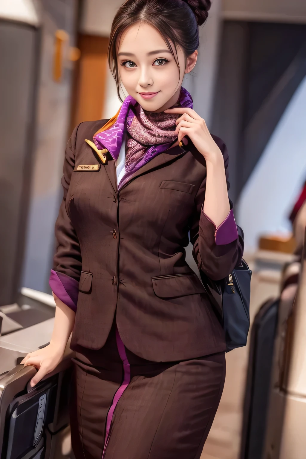 (masterpiece:1.2、highest quality:1.2)、32K HDR、High resolution、(alone、1 girl、Slim figure)、(A realistic reproduction of the ETIHAD Airways Cabincrew Uniform)、 (At the airport counter, Professional Lighting)、Airport counter wall background、A proper woman, Beautiful Face,、(Long sleeve ETIHAD Airways Cabincrew Uniform)、(ETIHAD Airways Cabincrew Uniform skirt with purple stripe on the front)、(scarf on chest)、Big Breasts、(Long Hair Up、Hair Bun)、Dark brown hair、Long Shot、((Great hands:2.0))、((Harmonious body proportions:1.5))、((Normal limbs:2.0))、((Normal finger:2.0))、((Delicate eyes:2.0))、((Normal eyes:2.0)))、Beautiful standing posture、smile、Place your hands around your stomach