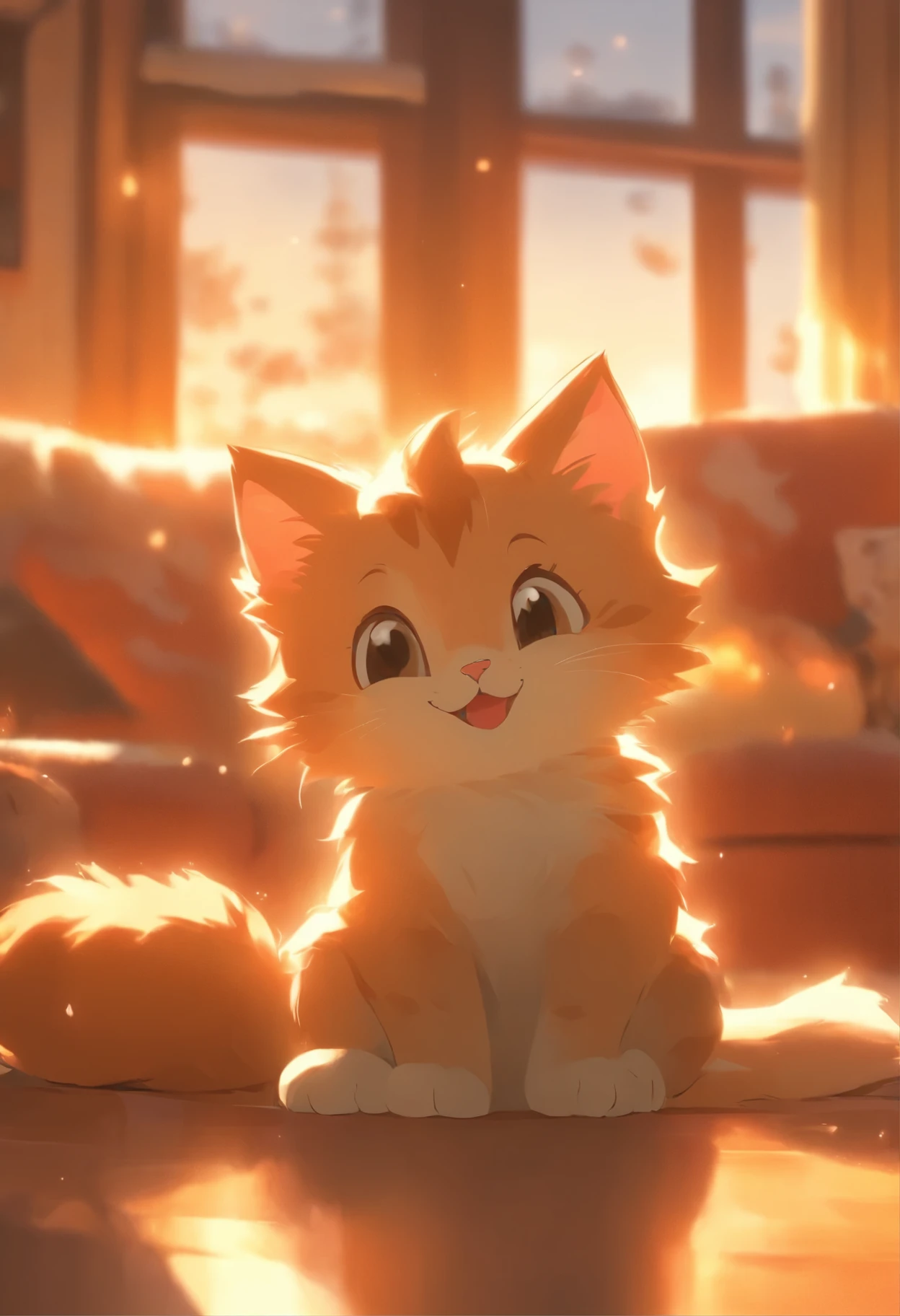 The kitten is sitting on the sofa, focused on the phone screen, sliding its paw across the screen. The background is a cozy living room with sunlight streaming through the window. The kitten has a happy expression on its face.