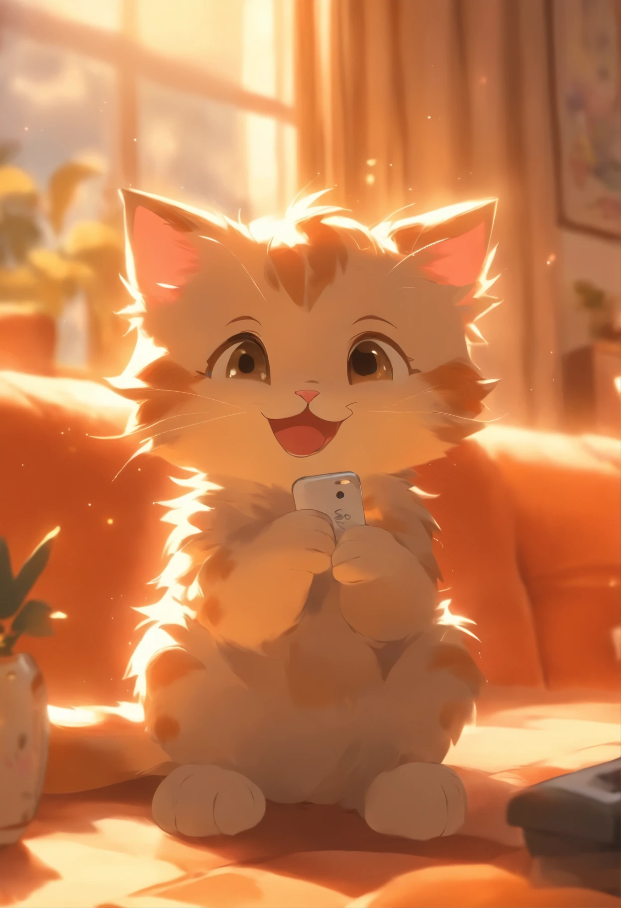 The kitten is sitting on the sofa, focused on the phone screen, sliding its paw across the screen. The background is a cozy living room with sunlight streaming through the window. The kitten has a happy expression on its face.