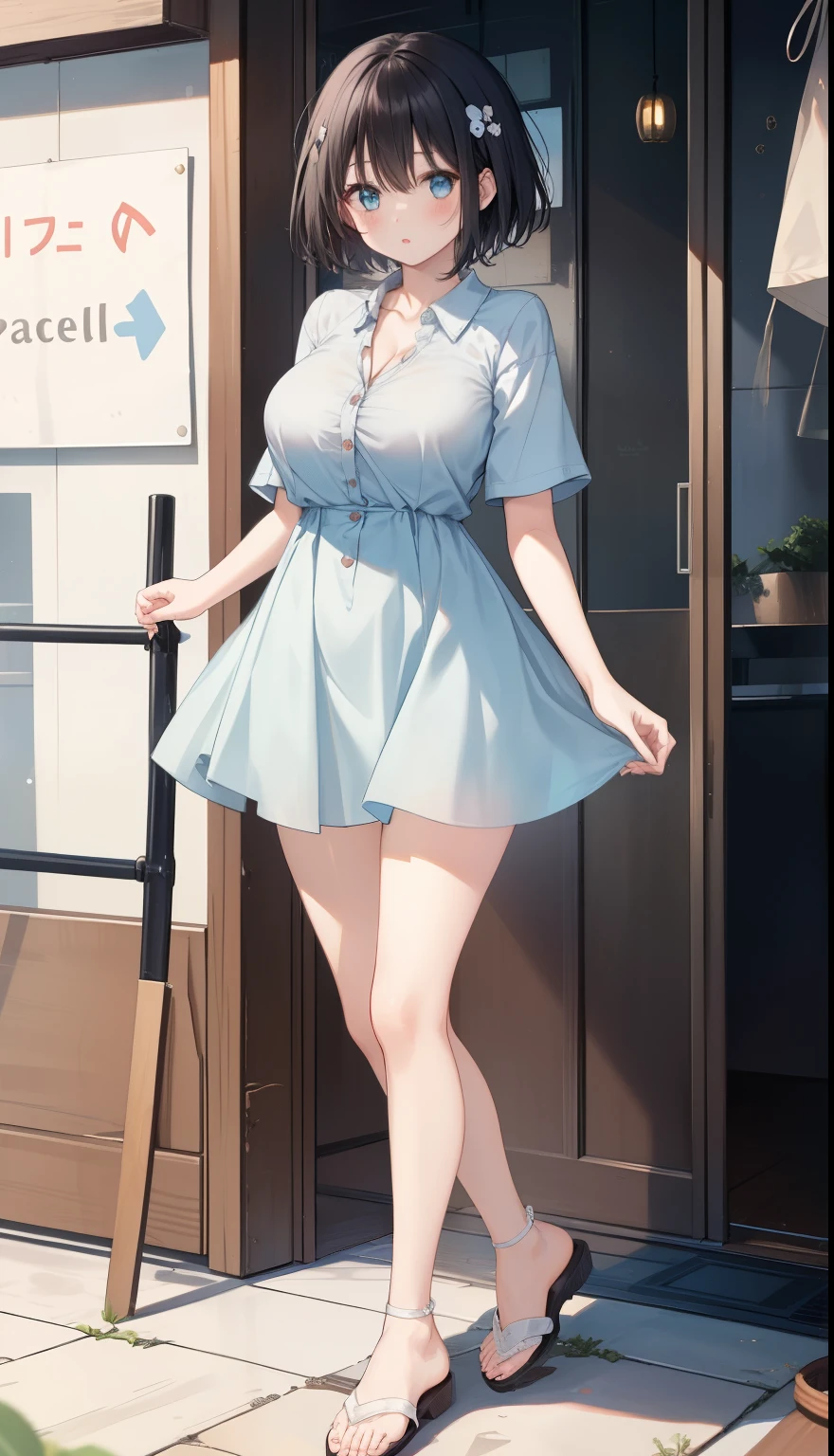 One Girl、positive、Standing posture、Full body portrait、Black Hair、Medium Haircut、blush、Absolute area、No panties、No bra、barefoot、Light blue dress、（Very large breasts）、Cleavage、((Lesbians around the world))、masterpiece、（highest quality）、
Panties around the ankles、White heel sandals、Shirt buttons fly off、Unbutton your shirt、Exposing the breasts、