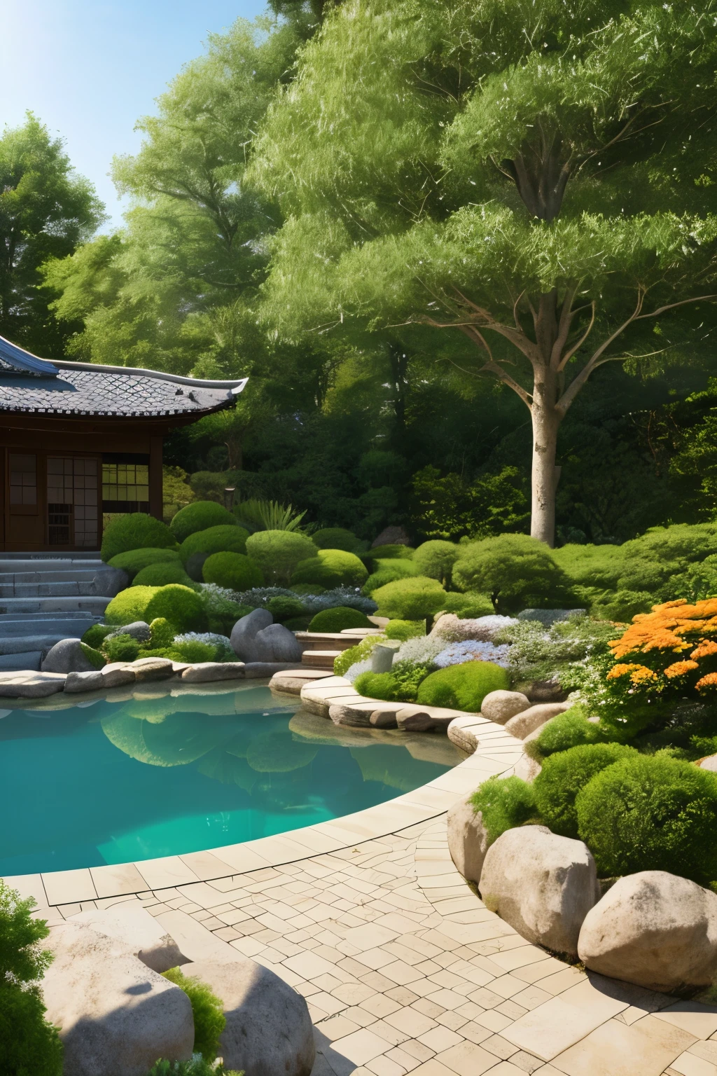 The garden and wall are planted with pine trees, pine trees, peach trees, and apricot trees. There are many types of shrubs to choose from for inclusion in Japanese garden design such as sycamore, laurel, apricot, sanh, and sapphire. Domestic plants are mainly lotus and aquatic plants such as water bamboo and betel nut. Artistic penjing trees are also integrated into rockeries and rugged rocks like cliffs, white concrete fence, A pond surrounded by a Japanese garden with shrubs, rocks, and trees and a fish tank in the garden, (architectural design visualization), (neutral natural lighting), (reflection), (focus on object), (material normal bump real reflection), (scattered light), (light ray), (multi-beam light), (sunbeam) (multi-level reflection), (chao vantage software visualization render),(((Best Quality))), ((Masterpiece)), ((best illustration)), ((best shadows)), ((Super Detail)), (Intricate lines), (Photorealism),(hyper detail), ((archdaily)), ((award winning design)), (dynamic light), spotlight, (perfect light), (shimering light), ((photorealistic)), ((intricate detail)), ((extreme detail)), ((crazy detail)), ((octane render)), ((trending on artstation)), ((High-fidelity)), ((Viwvid)), ((Crisp)), ((Bright)), ((Stunning)), ((Eye-catching)), ((High-quality)),((Sharp))((Bright)), ((Stunning)), ((Eye-catching)), ((Illuminating)), ((Flawless)), ((High-quality)),((Sharp edge render)), ((medium soft lighting)), ((photographic render)), ((detailed archviz)), ((reality environment))