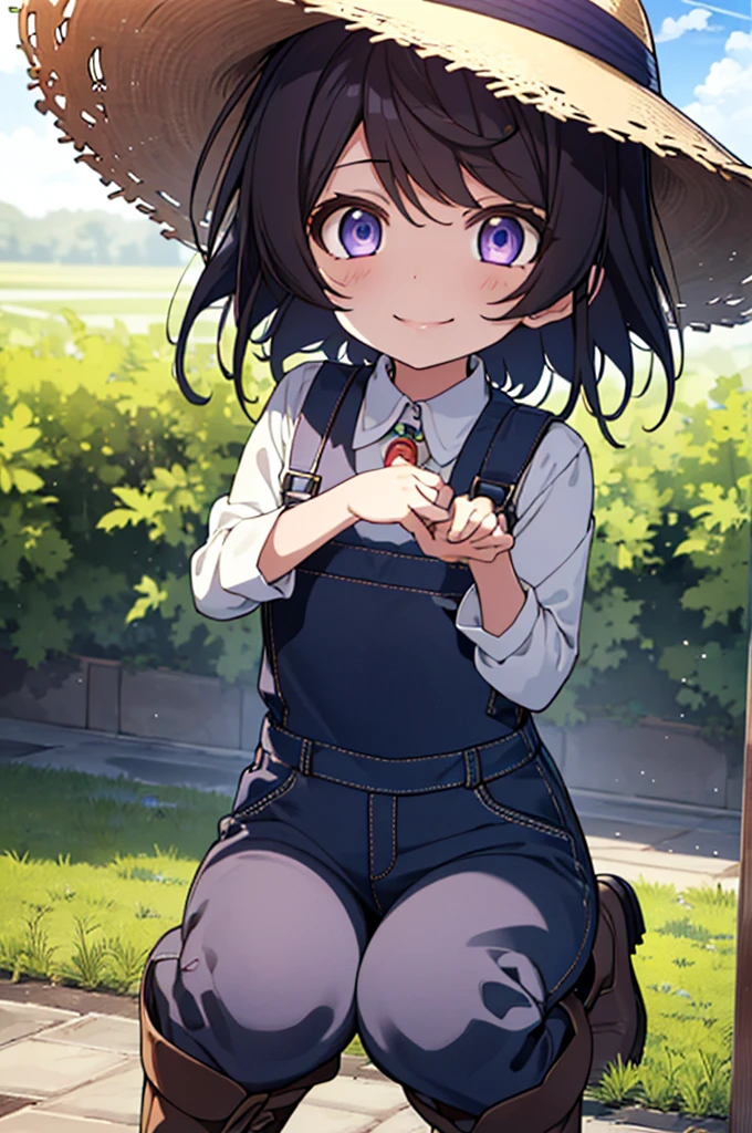 (((pixel perfect, Perfect in every detail))), alone, 1 girl, Hanayo Koizumi, brown hair,short hair,purple eyes,looking at the viewer, smile,straw hat,concealment of work　overalls,rice planting boots,Paddy field,Rice cultivation,Sunny,countryside,(masterpiece:1.2), highest quality, High resolution, unity 8k wallpaper, (shape:0.8), (beautiful and detailed eyes:1.6), highly detailed face, perfect lighting, Very detailed CG, (perfect hands, perfect anatomy),