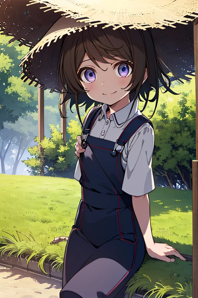 (((pixel perfect, Perfect in every detail))), alone, 1 girl, Hanayo Koizumi, brown hair,short hair,purple eyes,looking at the viewer, smile,straw hat,concealment of work　overalls,rice planting boots,Paddy field,Rice cultivation,Sunny,countryside,(masterpiece:1.2), highest quality, High resolution, unity 8k wallpaper, (shape:0.8), (beautiful and detailed eyes:1.6), highly detailed face, perfect lighting, Very detailed CG, (perfect hands, perfect anatomy),