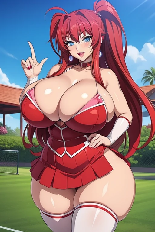 Highschool dxd, Rias Gremory,1girl, (((bimbo))), long red hair , blue eyes, ear rings, (((bimbo))), puffy lips, painted lips, thick lips, cute smile face, wide hips, thick thighs, huge round ass, huge natural Hitomi Tanaka breasts, tennis outfit, skirt, posing, hand signs,