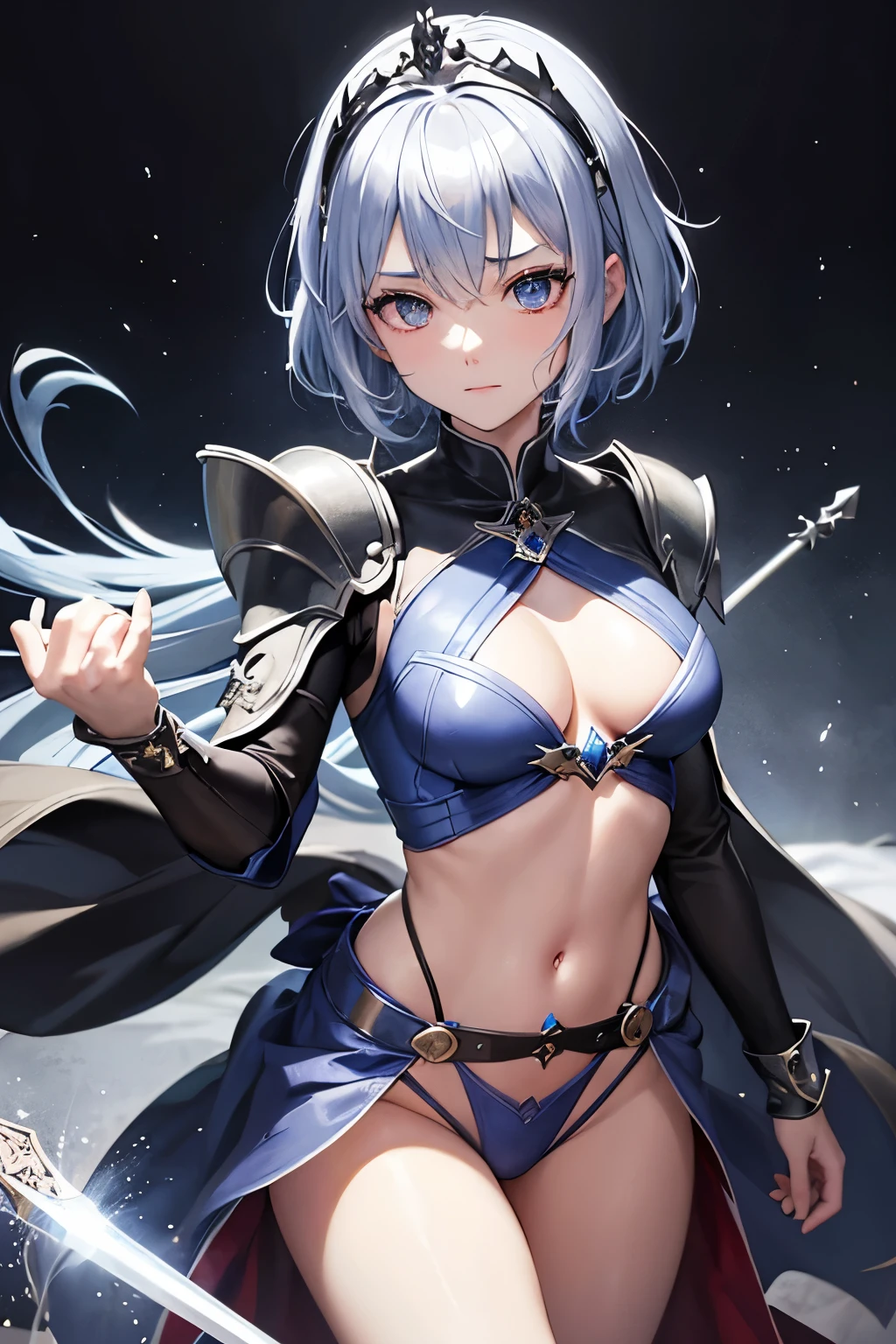 (((highest quality、first-clasasterpiece、Normal body、8k、Detailed face、Ultra-precision、Normal hand、Normal finger、5Finger、)))Brightly colored hair、Silver-turquoise hair、Short Hair、Shortcuts、Sleeping habit head、Unshaven Head、Small breasts、Beautiful body、Brave、Brave Princess Knight、A sad expression、A look of amusement、Moist eyes、Legendary Sword、Sword of Light、Dragon Sword、Sword and magic circle、Magic Sword、The Great Magic of Light、huge magic circle、Shiny Tiara、Silver Breastplate、knight armor、metalic armor、Armor Skirt、Silver Leotard、Navel-baring leotard、Green belt、Silver Half Cloak、Evil Eye、Blue and scarlet odd eyes、Magic circle pattern on eyes、Demon King's Castle、Evil Cave、Swinging a Sword、Sweep with a sword、In combat、Heart mark on uterus、Heart pattern on abdomen、Heart tattoo on belly、Heart mark on navel、The Cursed Princess Knight、The Curse of Passion、Princess Knight Under a Spell、Princess Knight Trapped in a Spell、Chains in both handysterious World、Pink in the Brain、Walking Obscenity、Lewd temperament、Masochistic temperament、Always in heat、defeat wish、training desire