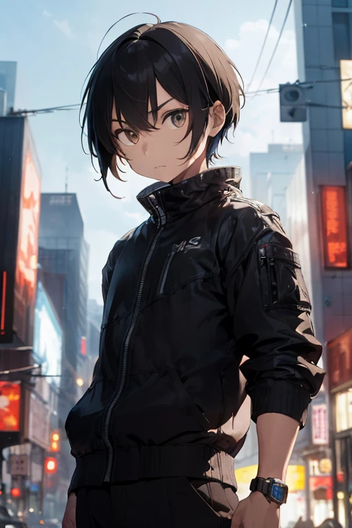 A man/boy, skin litle bit brown asian skin, small head, oval asian tepared face, kinda beautiful face, no expression so cold, with sharp shape eye, coma hair litle bit mess, thin, and ear a litlte bit large, age 16, wearing cyberpunk style jacket, in hykros tower of fantasy future sci fi l, take picture of her full body, take picture he standing so far at night, he angry, he bring a gun glock 19 type pointing to people front him