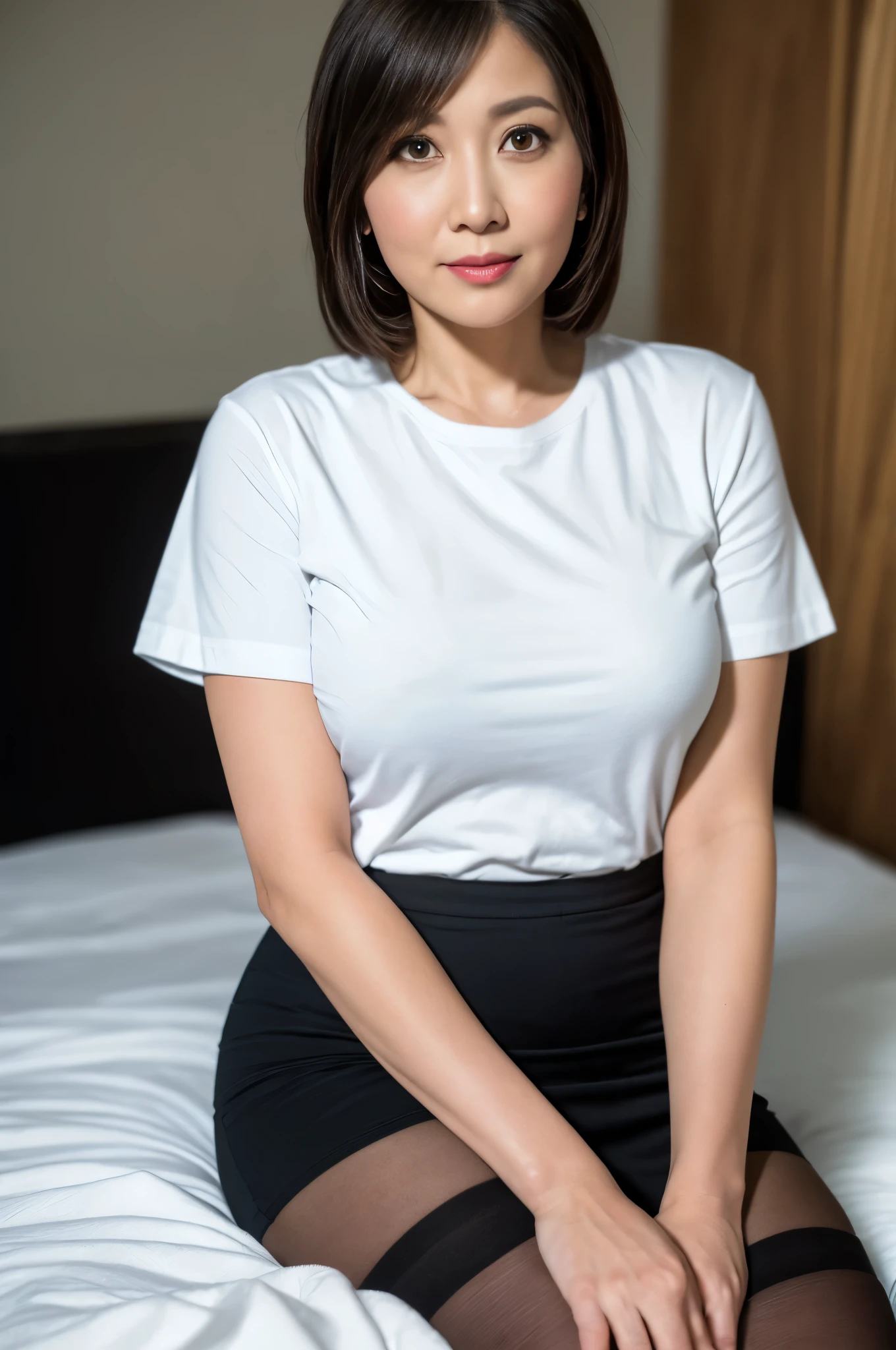 ((masterpiece, Better Quality, hight resolution, Photorealsitic:1.4, Raw photography, high quality image)), ((portrait:1.2)), 1Milf sitting on bedside, (wearing white short callored shirts, wearing black pencil skirt, black stocking), curvy shape:0.5, very detailed and professional lighting, (cute facial expressions),