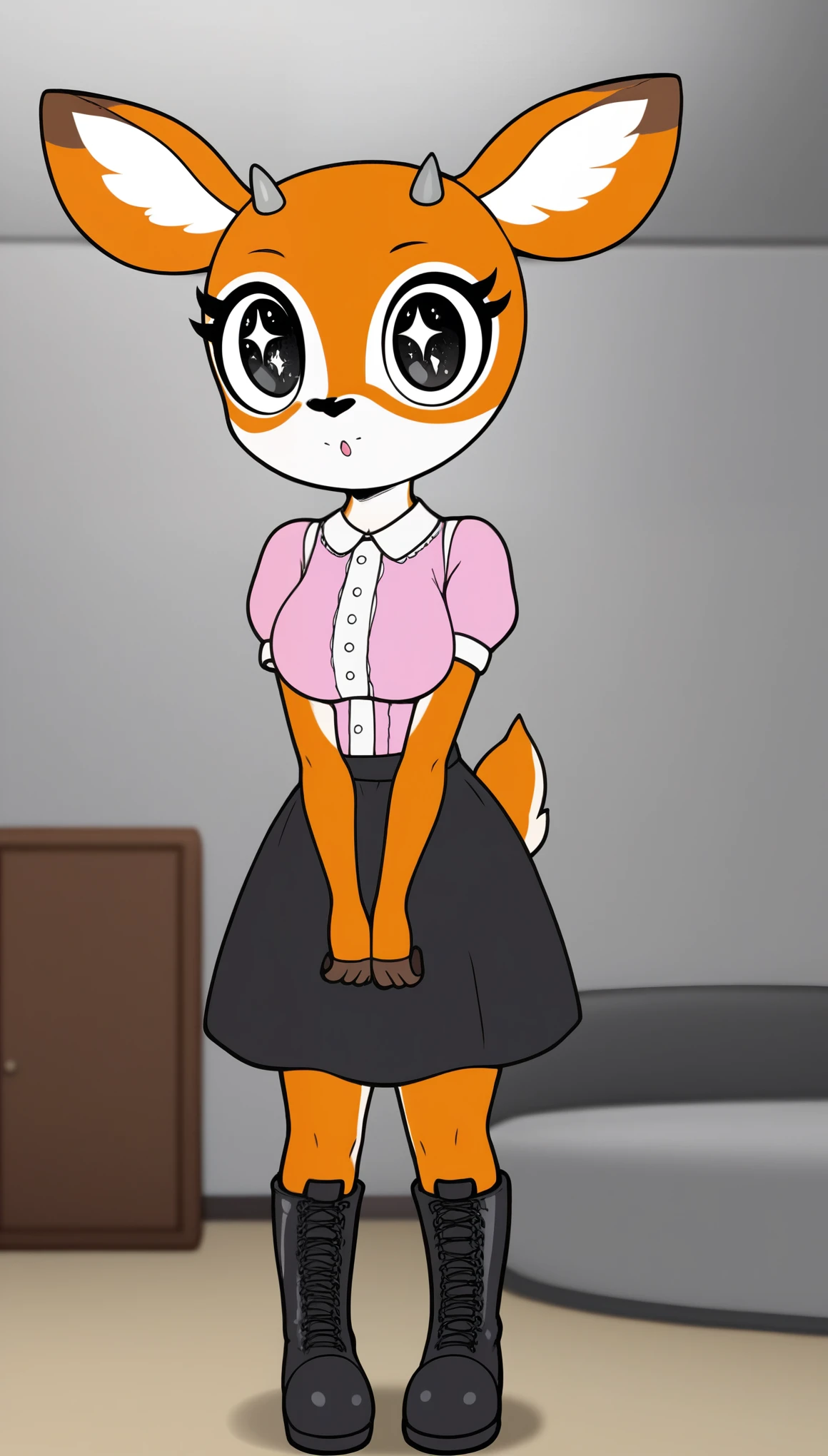 TsunodaAOXL, anthro furry, furry female, orange fur, two-tone fur, big eyes, black eyes, sparkling eyes, snout, deer ears, grey short horns, tail, medium breasts, pink blouse, short sleeves, black skirt, black boots, solo, standing, looking at viewer, indoors