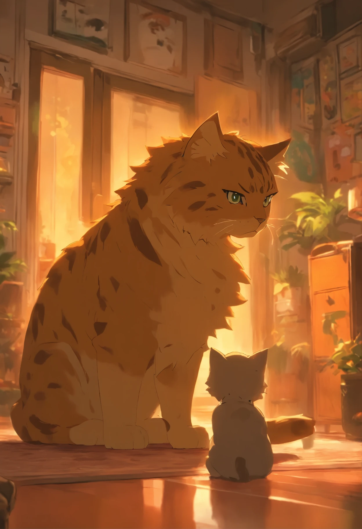 The big cat walks into the living room and sees the kitten playing with the phone, frowning. The big cat stands next to the kitten with hands on hips, looking stern. The kitten looks up at the big cat with a surprised and innocent expression.