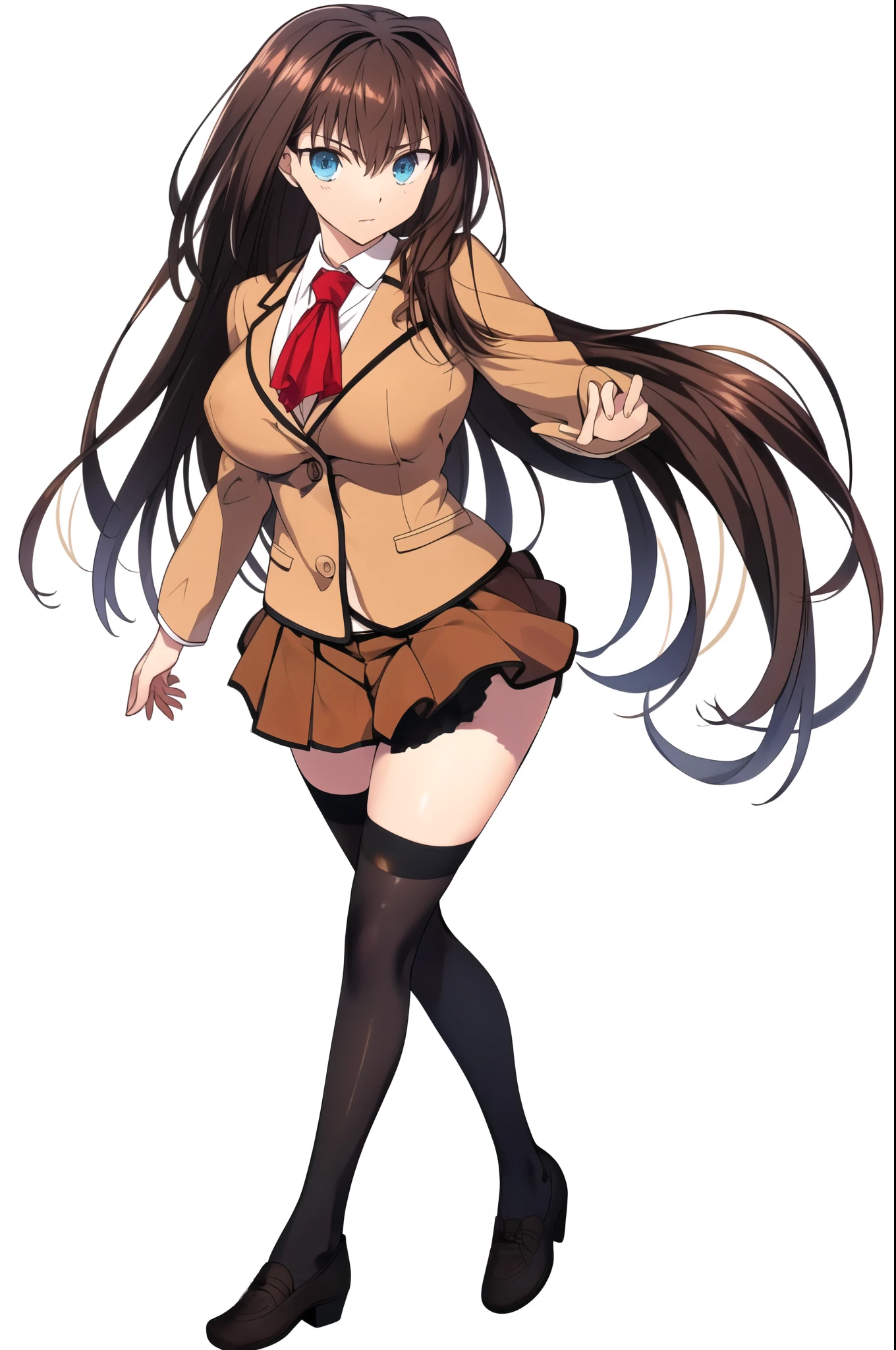 8k, highest quality, highest detail, AokoSchoolUniform, 1girl, solo, (chestnut-brown hair with slightly reddish undertone), perfect face, red neckerchief, beige blazer, (large breasts:1.2), well formed breasts, nice hips, (Umber pleated mini-skirt:1.5), (black spandex shorts:1.4), (nice thighs:1.5), (black thigh-high hosiery:1.6), (brown Strap-Shoes), shoes visible, standing straight, (((Full body in frame))), (white-empty background:1.4), completely empty background,