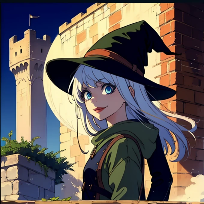 Girl with green skin, in a witch's dress, Pointed witch hat, happy face, in a medieval castle