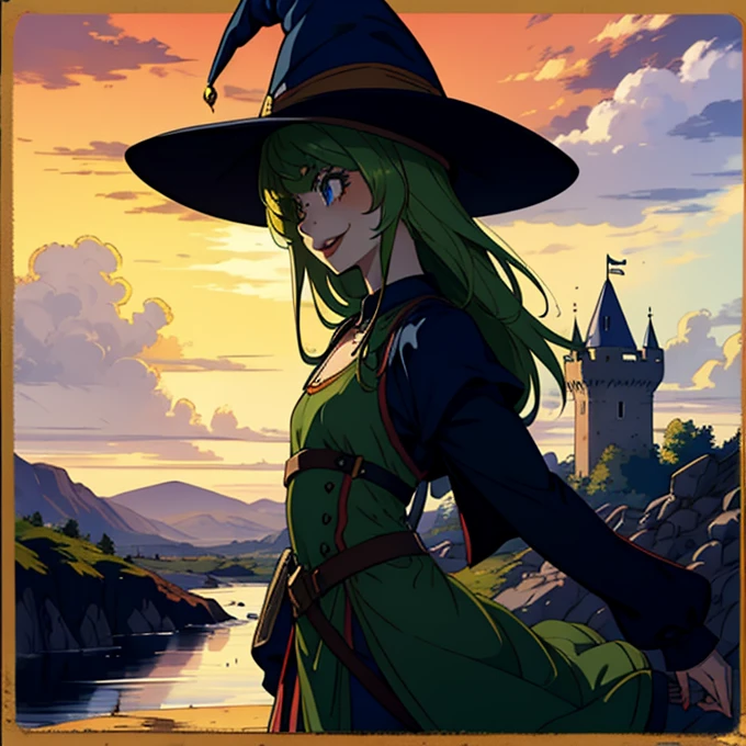 Girl with green skin, in a witch's dress, Pointed witch hat, happy face, in a medieval castle