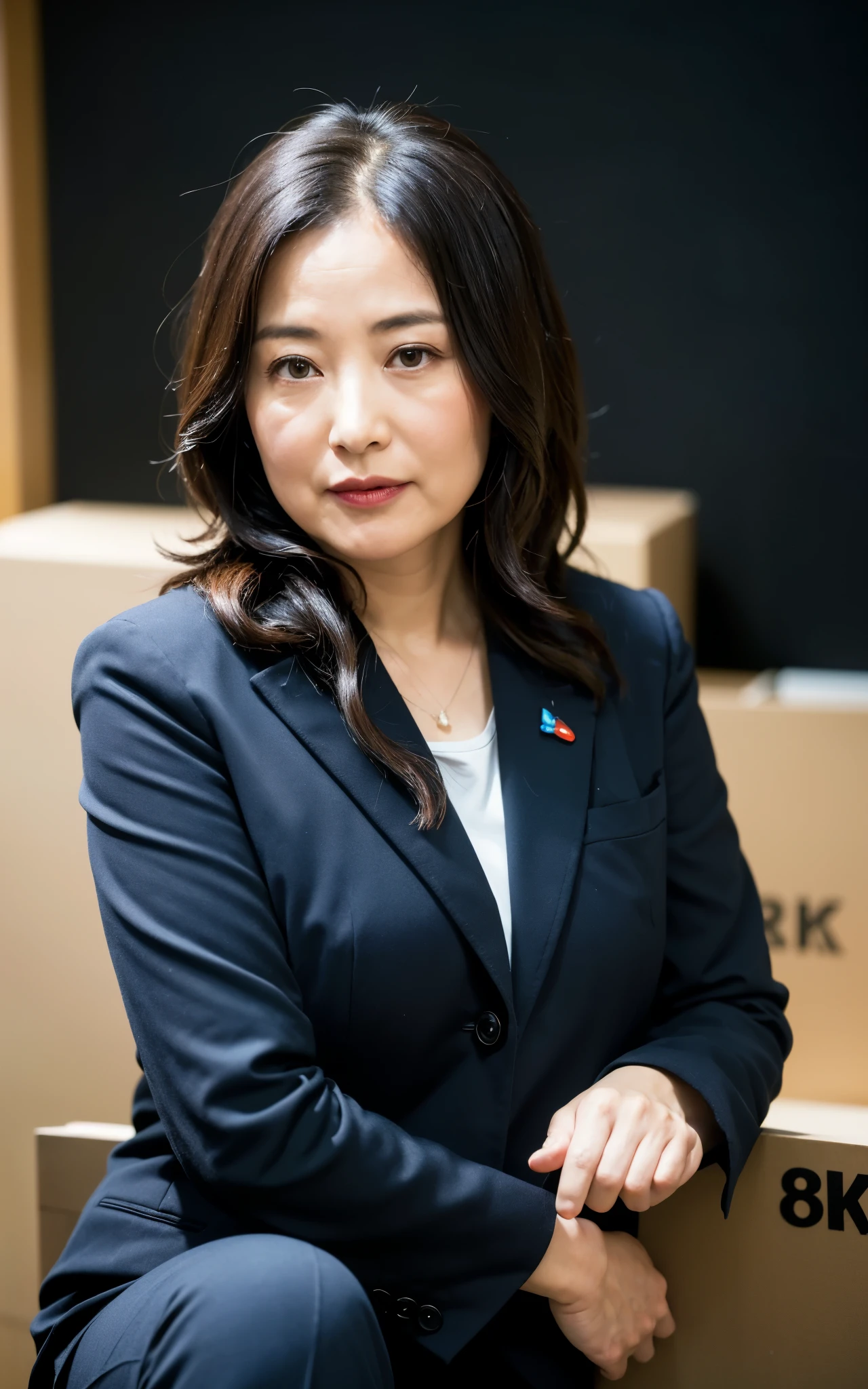 ((Best Quality, 8k, Masterpiece: 1.3)), Photorealistic, Sharp Focus, High Quality, High Definition, Portrait, Solo, Japan, Middle Aged Woman, Beauty, 43 years old, Plump, Wavy Hair, Business suit, Wrinkles at the corners of the eyes, Open legs, Narrow backyard, Lots of boxes, Lots of files, Dark background