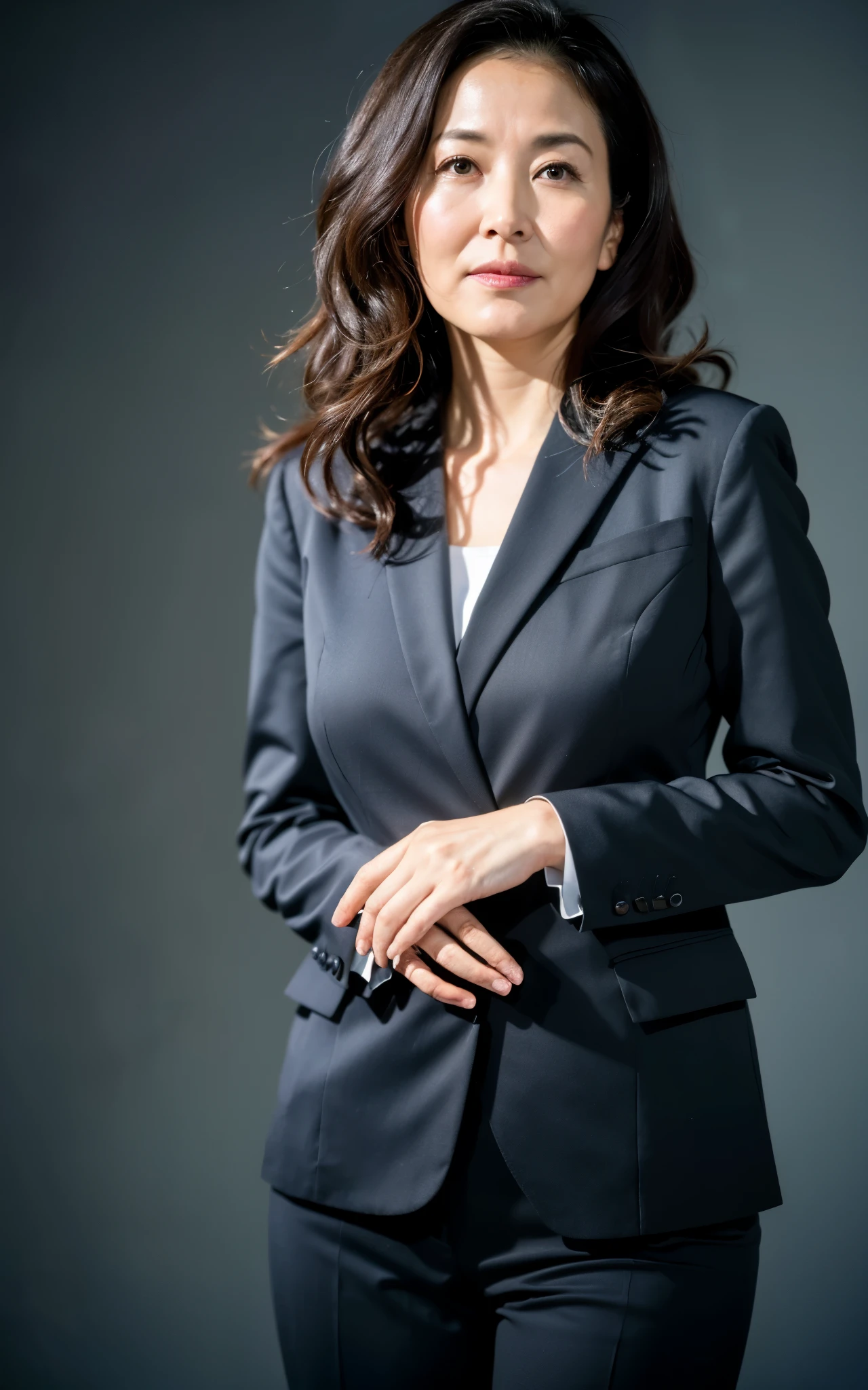 ((Best Quality, 8k, Masterpiece: 1.3)), Photorealistic, Sharp Focus, High Quality, High Definition, Portrait, Solo, Japan, Middle Aged Woman, Beauty, 43 years old, Plump, Wavy Hair, Business suit, Wrinkles at the corners of the eyes, Open legs, Narrow backyard, Lots of boxes, Lots of files, Dark background