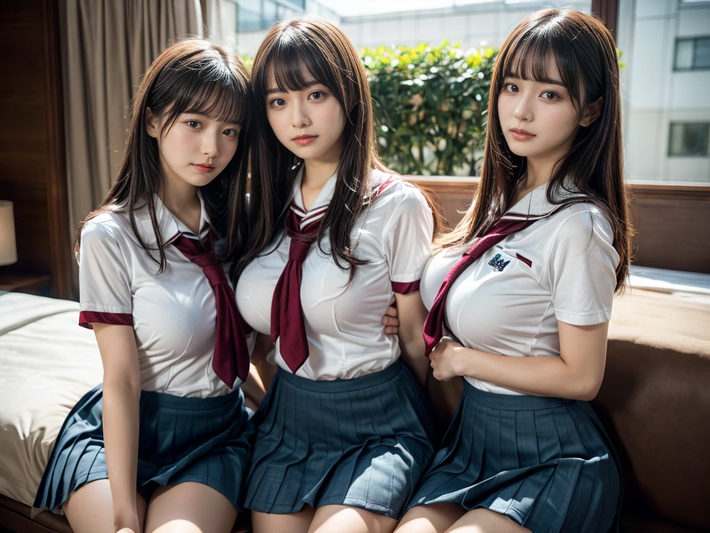 (RAW photo, 4k, masterpiece, high resolution, extremely complex) (realistic: 1.4), cinematic lighting
 ((2 girls, 2 schoolgirls)),Slam Dunk's,blushing,((innocent)),(Dark makeup),bright eyes,round eyes,blunt bangs,(straight hair:1.3),black hair,large breasts,wide hips,Summer Noon, 20 year old girl、cute type、lolita,Hot, (Best Quality), (Highres), (an Extremely Delicate and Beautiful),(Beautiful 8k face),(Brown eyes),short bob hair,( spectators),(gigantic breasts),(Play with each other,Touching each other's bodies,Touching the body),(Japanese high school uniform:1.3),blue skirt,(reality),bright lighting,(The background is a luxury hotel room)
