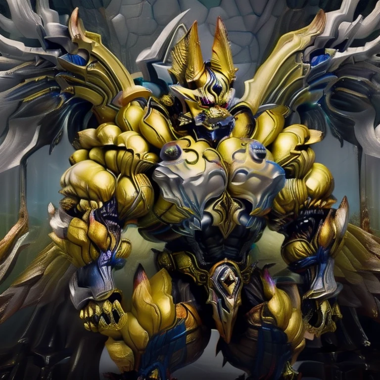 (Pokémon) (Zeraora), (masterpiece, best quality, detailed:1.2), (nj5furry), (medieval armor:1.3) sparkling skin, Vibrant colors, 4K, GOLD armor, Its full plate armor emphasizes the muscles. big muscle (pecs, triceps, traps) unusually developed muscular body, body full of huge muscles. showing off muscles, pectorales enormes. Exaggeratedly huge muscles. Gigachad Muscular, Very muscular, Large pecs, Spread wings, It has wings. have big wings. has 10 large wings. It has large golden wings. The feathers on its wings are detailed and realistic. FULL BODY, giant, huge body, long legs, gigantic,  City background, skyscraper, futuristic city, super hero, hero, massive muscles, huge pecs, chiseled abs, huge pectorals, exaggeratedly huge muscles.