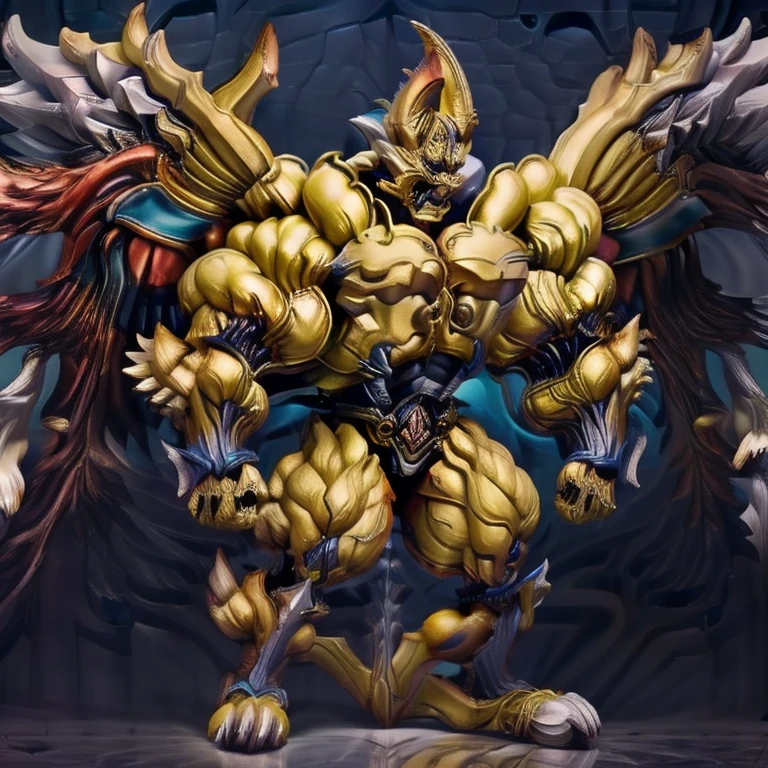 Gold feathers, muscular body, spurs, cockscomb, Bad guy, looking at the viewer, presenting , nsfw, anthropomorphic furry, big penis, balls,testicles posing, nude