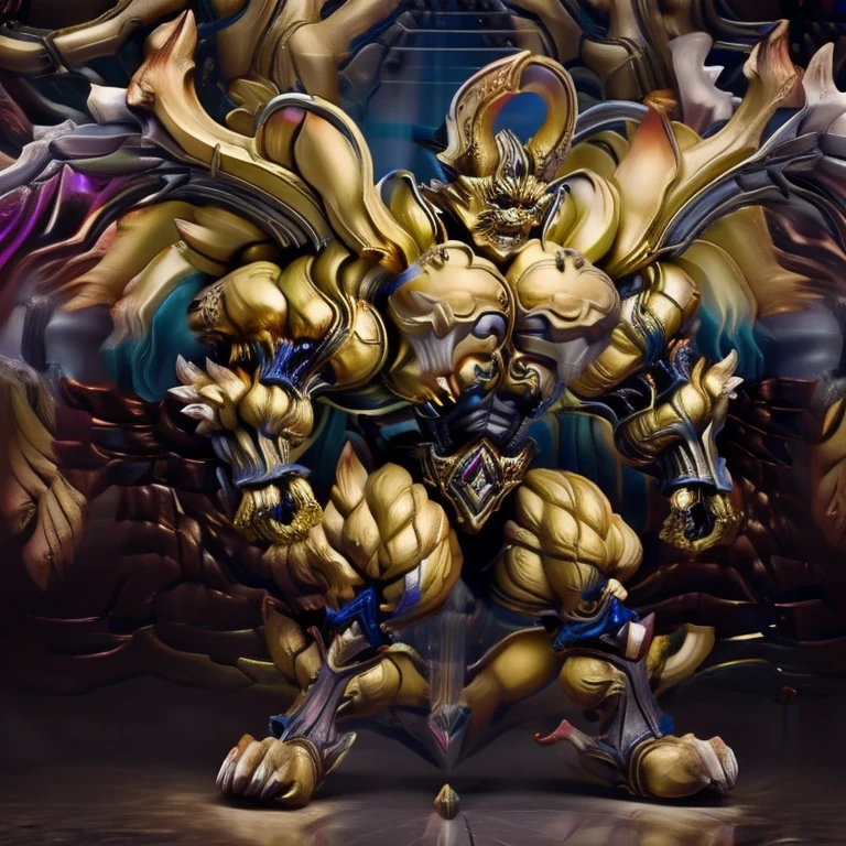 (Pokémon) (Zeraora), (masterpiece, best quality, detailed:1.2), (nj5furry), (medieval armor:1.3) sparkling skin, Vibrant colors, 4K, GOLD armor, Its full plate armor emphasizes the muscles. big muscle (pecs, triceps, traps) unusually developed muscular body, body full of huge muscles. showing off muscles, pectorales enormes. Exaggeratedly huge muscles. Gigachad Muscular, Very muscular, Large pecs, Spread wings, It has wings. have big wings. has 10 large wings. It has large golden wings. The feathers on its wings are detailed and realistic. FULL BODY, giant, huge body, long legs, gigantic, City background, skyscraper, futuristic city, super hero, hero, massive muscles, huge pecs, chiseled abs, huge pectorals, exaggeratedly huge muscles.