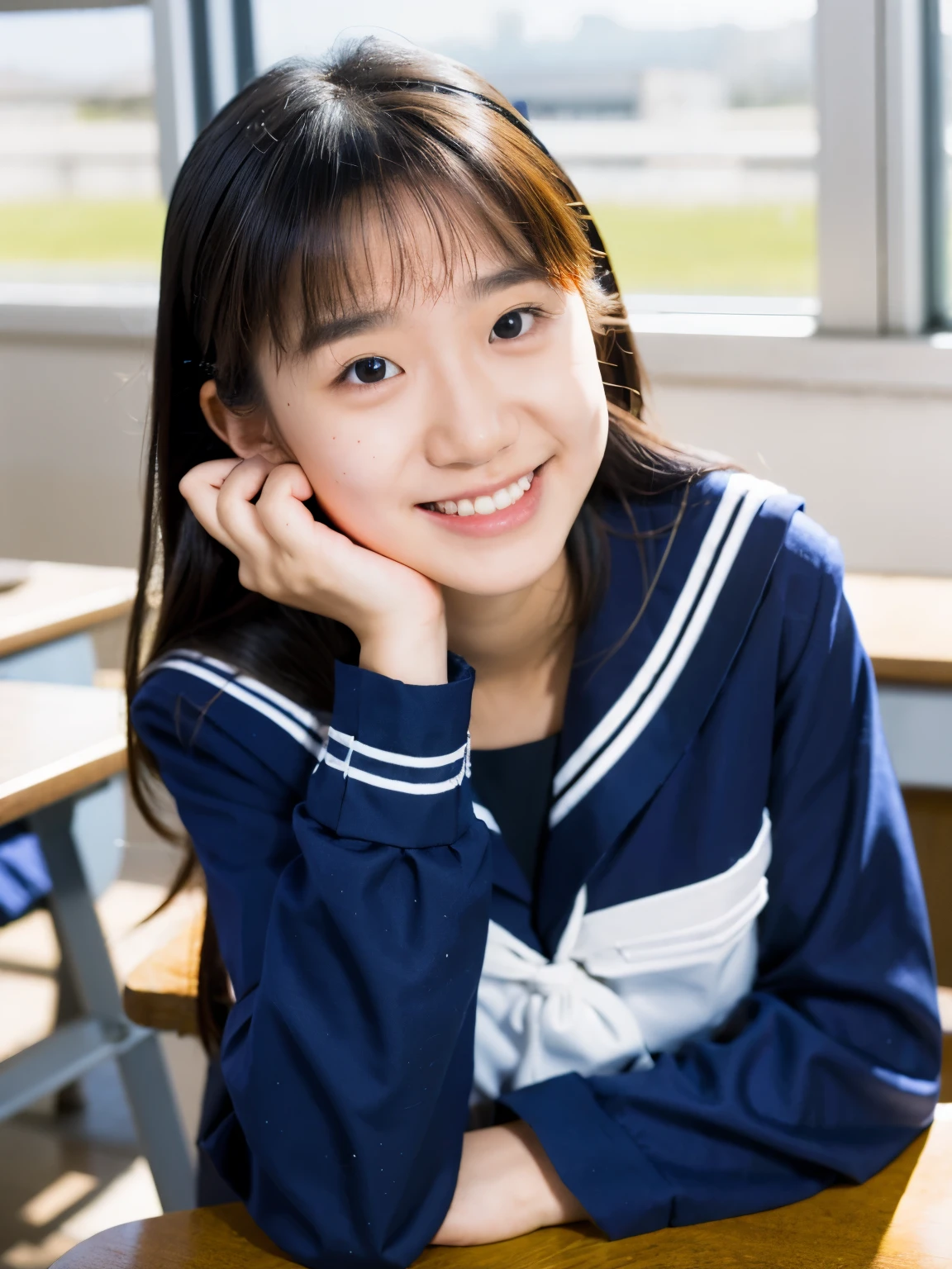 lens: 135mm f1.8, (highest quality),(RAW Photos), (Tabletop:1.1), (Beautiful 13 year old Japanese girl), Cute Face, (Deeply chiseled face:0.7), (freckles:0.4), Speckled sunlight, Dramatic lighting, (Navy blue sailor suit), Long sleeve, (In the classroom), shy, (Close-up shot:1.2), (smile)