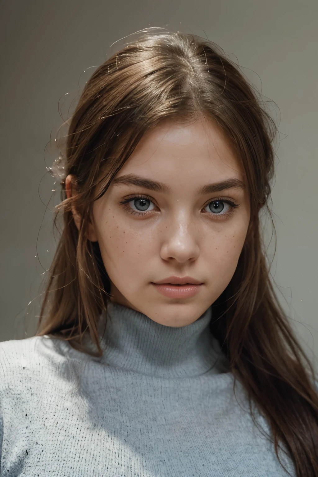 displays a close-up portrait of a young woman directly facing the camera. Her eyes are a striking pale blue, wide and with a steady gaze that makes them the dominant feature of her expression. The woman's skin is fair and dotted with a smattering of natural freckles, especially visible across her nose and cheeks. Her light brown hair is neatly parted in the middle and tucked behind her ears, which emphasizes the symmetry of her face. She is wearing what appears to be a black turtleneck, which contrasts with her light complexion and provides a minimalistic aesthetic. The background is a soft, muted blue-grey, which complements the subtle cool tones of her appearance without detracting focus from her face. The subject's expression is serene and contemplative, with a neutral mouth and soft intensity in her demeanor that could suggest introspection.
