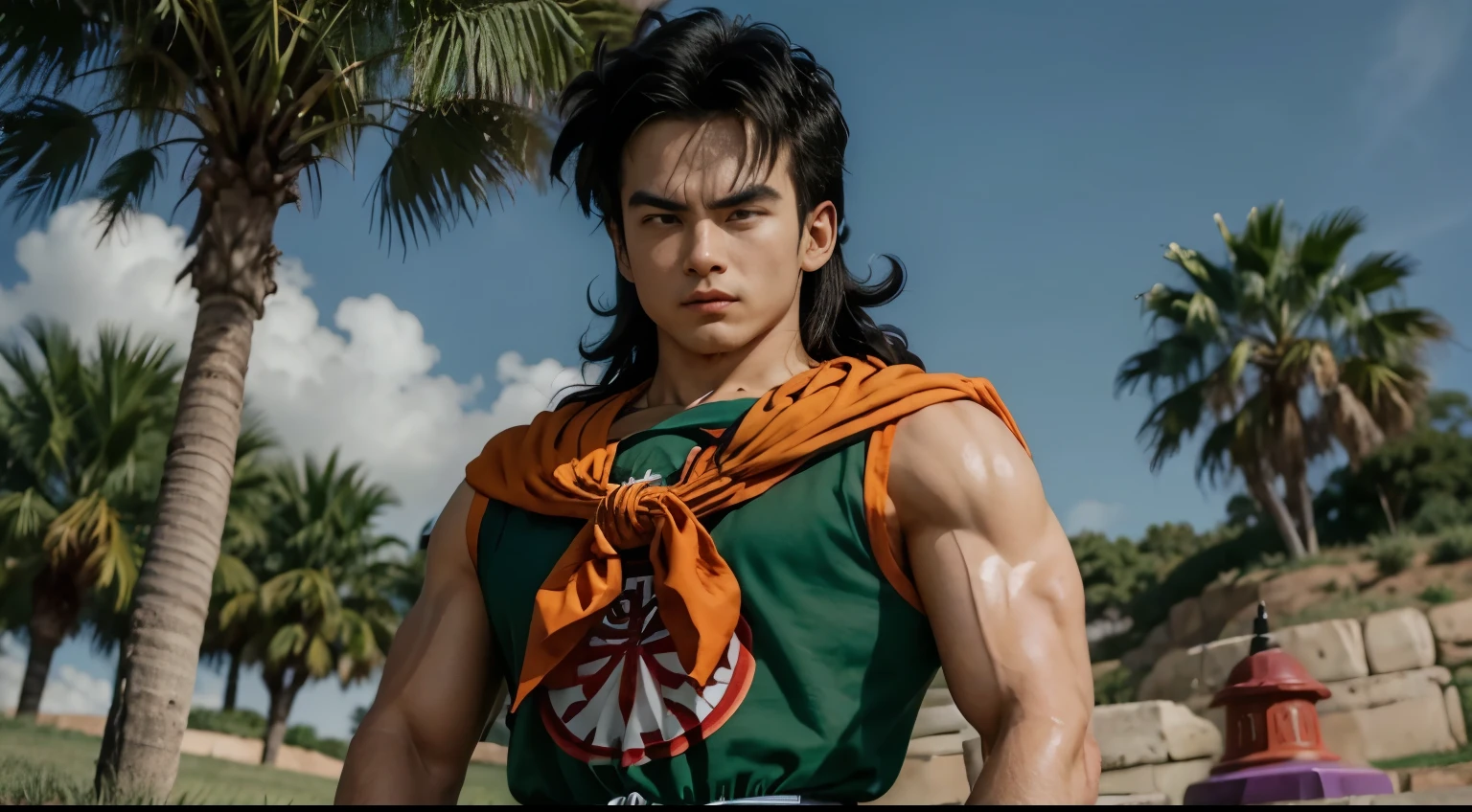(8K, mejor calidad, obra maestra:1.2),Yamcha, enfoque masculino, 1 chico, pelo negro, solo, sonrisa, muscular male, pelo de punta, ojos negros,pelo largo, golpes, (green tunic), pantalones naranjas, (faja blanca),cinta, al aire libre, (purple armguards), orange neckerchief, mirando al espectador, day, tree, cielo azul, grass, roca, kanji,cerraduras laterales,sin mangas