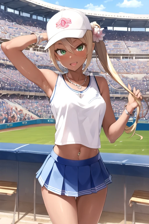 masterpiece, best quality, 8K, 1 girl, detailed face, detailed skin, detailed outfit, detailed background, perfect eye, cute, erotic, beautiful legs, mischievous smile, opened mouth, blushing, sparkling sweat, sleeveless shirt, baseball uniform,  light blue shirt, navel piercing, diamond pierce, pleated mini skirt, light pink skirt, thigh baring, pearl bracelet, pearl necklace, pearl earing, baseball stadium, she is yelling, standing at audience seat, harsh sunlight, gal, bitch, dark skin, blonde hair, green eyes, permed twin tail, hair flower, cap