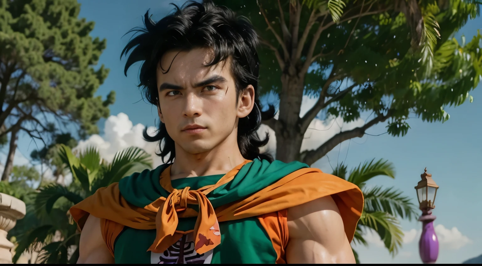 (8K, mejor calidad, obra maestra:1.2),Yamcha, enfoque masculino, 1 chico, pelo negro, solo, sonrisa, muscular male, pelo de punta, ojos negros,pelo largo, golpes, (green tunic), pantalones naranjas, (faja blanca),cinta, al aire libre, (purple armguards), orange neckerchief, mirando al espectador, day, tree, cielo azul, grass, roca, kanji,cerraduras laterales,sin mangas