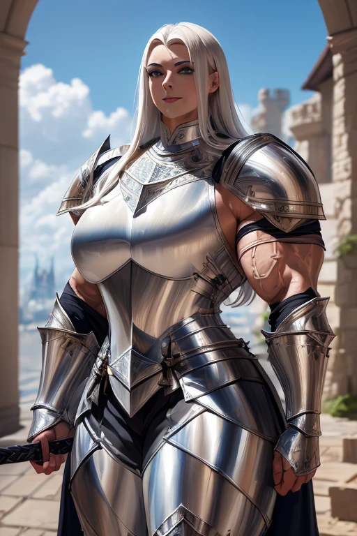 ((((Massive, tall, beautiful, buff, muscular light brown skinned female knight with white hair, black lipstick, ginormous bulky muscles, holding a sword and shield and wearing an all white gleaming knight armor with hauberk and pants)))), {close view}, black eyeliner, massive muscles, massive biceps, hyper muscle triceps, (long straight hair), blue eyes, knight boots, In a castle, hauberk, steel knight armor, armor breastplate, nighttime, confident smile, hyper muscles arms, hyper muscle legs, ginormous arms