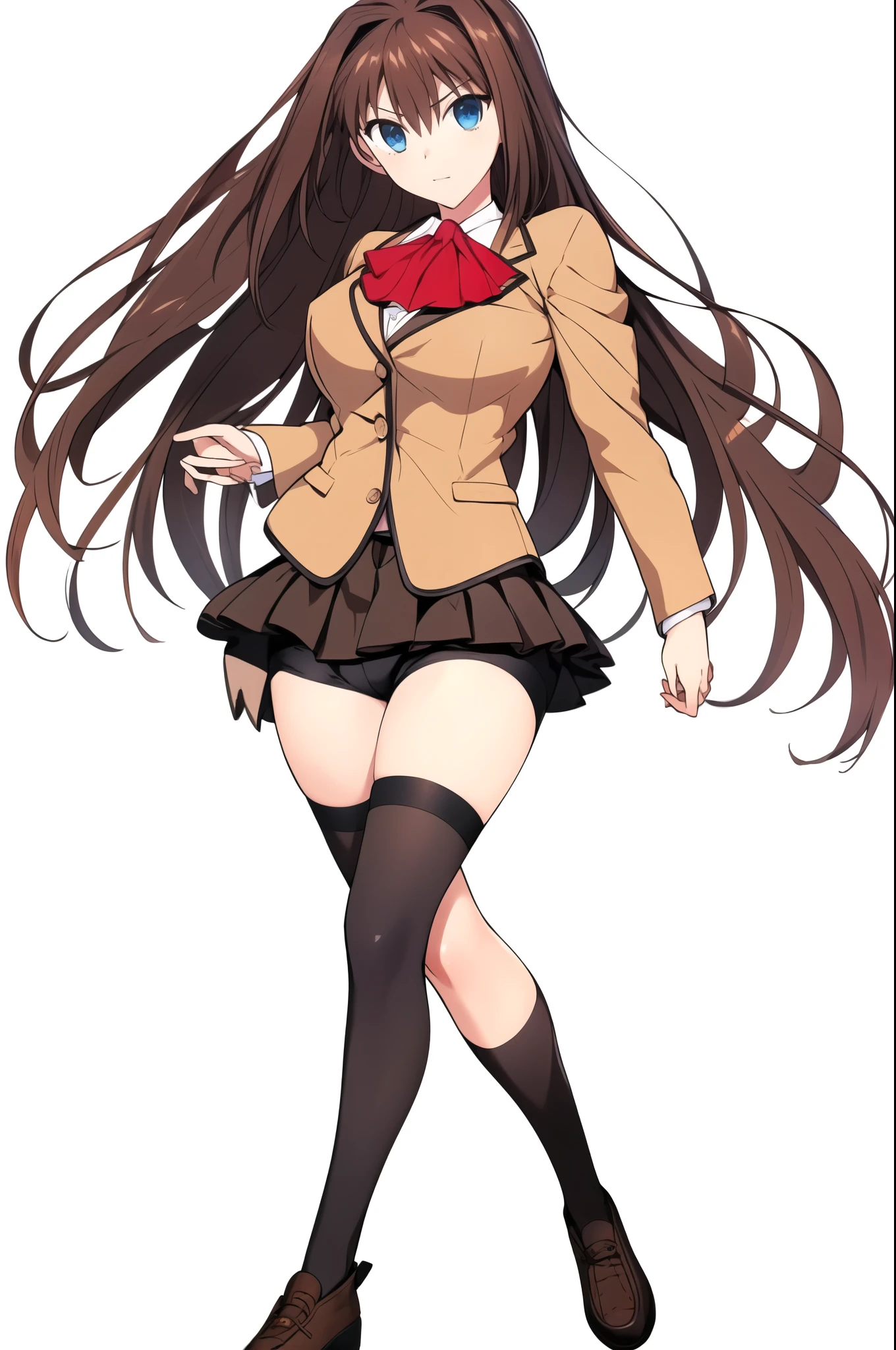 8k, highest quality, highest detail, AokoSchoolUniform, 1girl, solo, (chestnut-brown hair with slightly reddish undertone), perfect face, red neckerchief, beige blazer, (large breasts:1), (well formed breasts:0.9), nice hips, (Umber pleated mini-skirt:1.5), (black spandex shorts:1.4), (nice thighs:1.5), (black thigh-high hosiery:1.6), (brown Strap-Shoes), shoes visible, standing straight, (((Full body in frame))), (white-empty background:1.4), completely empty background,