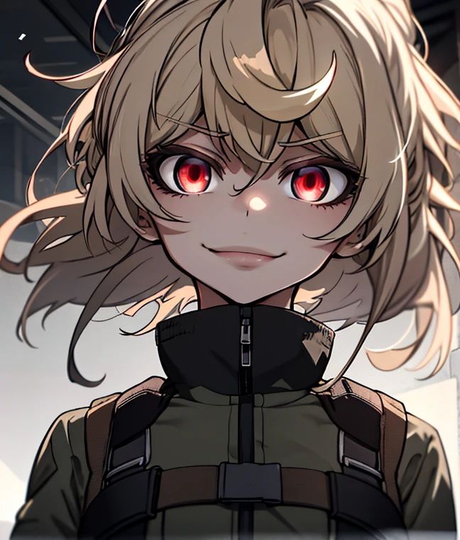 (masterpiece, best quality: 1.1), 1girl solo, tanya, 1girl, solo, , flat chest, small breasts, curvy, military, military uniform, ,, evil smile, wicked expression, anger, red eyes, neutral lighting