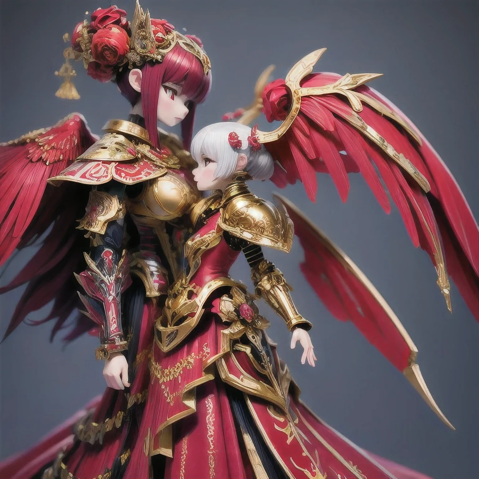 araffe skeleton in a red and gold costume with wings, saint skeleton queen, red demon armor, lady in red armor, wearing a skeleton armor, holy cyborg necromancer girl, hone onna skeleton geisha, ( highly detailed figure ), goddess of death, masami kurumada, the other a skeletal figure, skeletal, scary queen of death((（one female）))