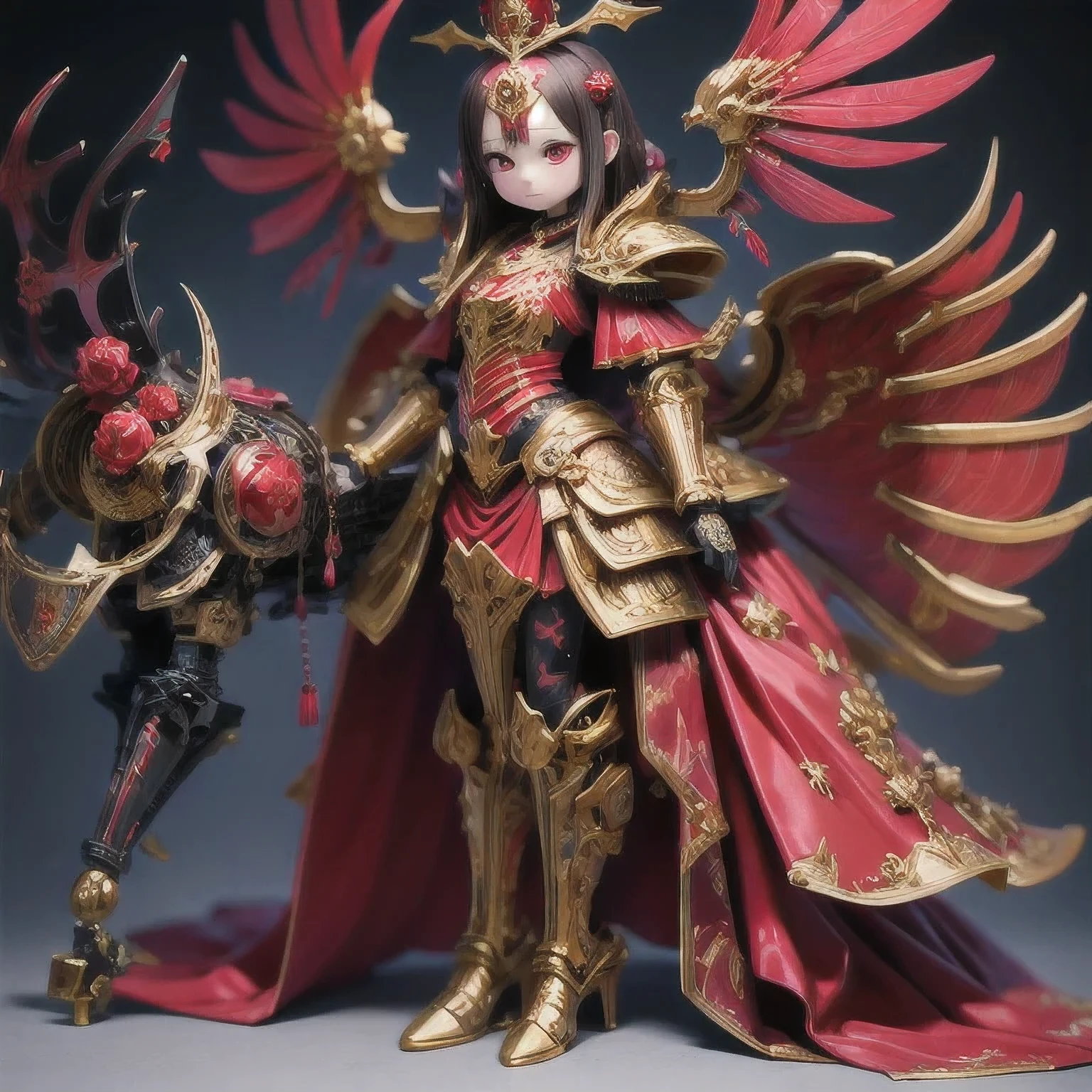 araffe skeleton in a red and gold costume with wings, saint skeleton queen, red demon armor, lady in red armor, wearing a skeleton armor, holy cyborg necromancer girl, hone onna skeleton geisha, ( highly detailed figure ), goddess of death, masami kurumada, the other a skeletal figure, skeletal, scary queen of death((（one female）))