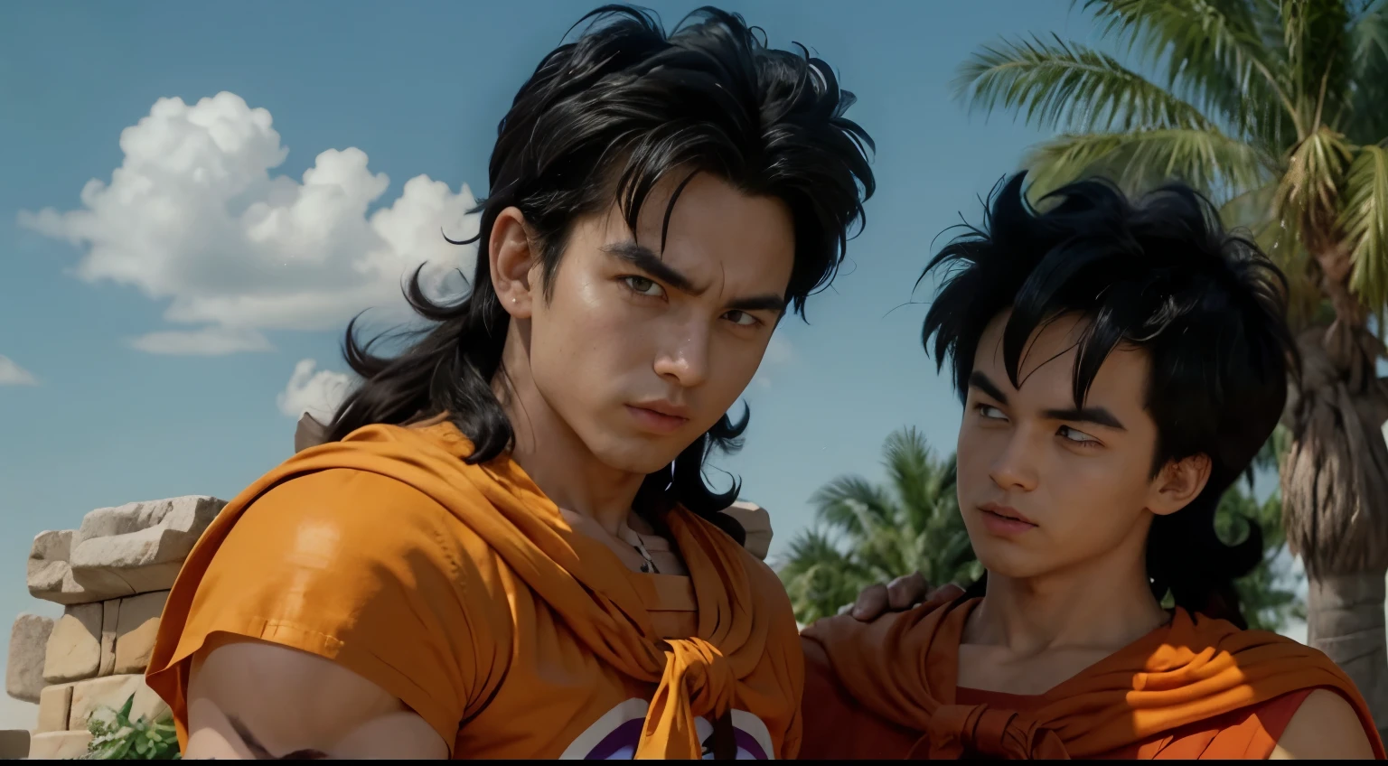 (8K, mejor calidad, obra maestra:1.2),Yamcha, enfoque masculino, 1 chico, pelo negro, solo, sonrisa, muscular male, pelo de punta, ojos negros,pelo largo, golpes, (green tunic), pantalones naranjas, (faja blanca),cinta, al aire libre, (purple armguards), orange neckerchief, mirando al espectador, day, tree, cielo azul, grass, roca, kanji,cerraduras laterales,sin mangas