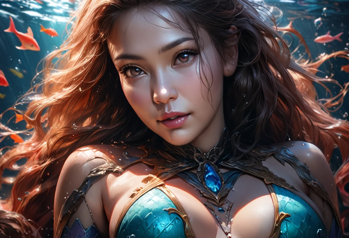 a mermaid princess, filipina, age 20, extremely beautiful, colorful long tail hair, intricate breast coverings, detailed body, underwater gala, handsome suitors, (best quality,4k,8k,highres,masterpiece:1.2),ultra-detailed,(realistic,photorealistic,photo-realistic:1.37),portriat,fantasy,vibrant colors,dramatic lighting,cinematic,digital painting