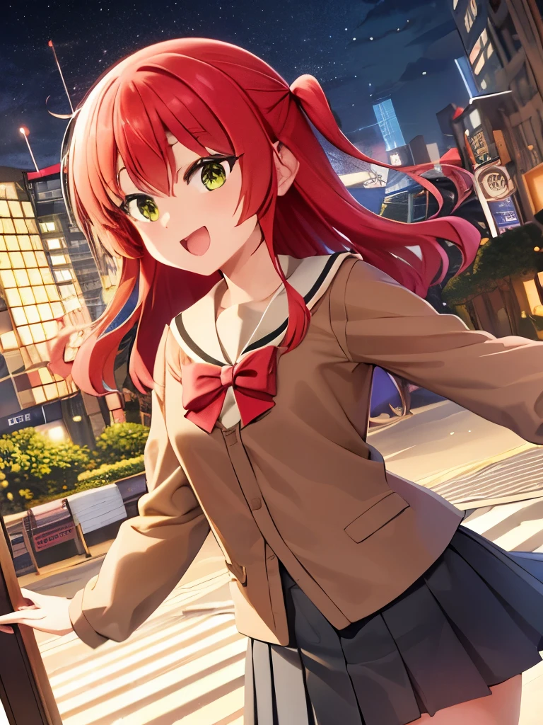 aaikuyo, long hair, one side up, , sailor collar, red bowtie, (brown shirt:1.2), buttons, long sleeves, pleated skirt, black skirt, A city scape, face of happiness, smile mouth 