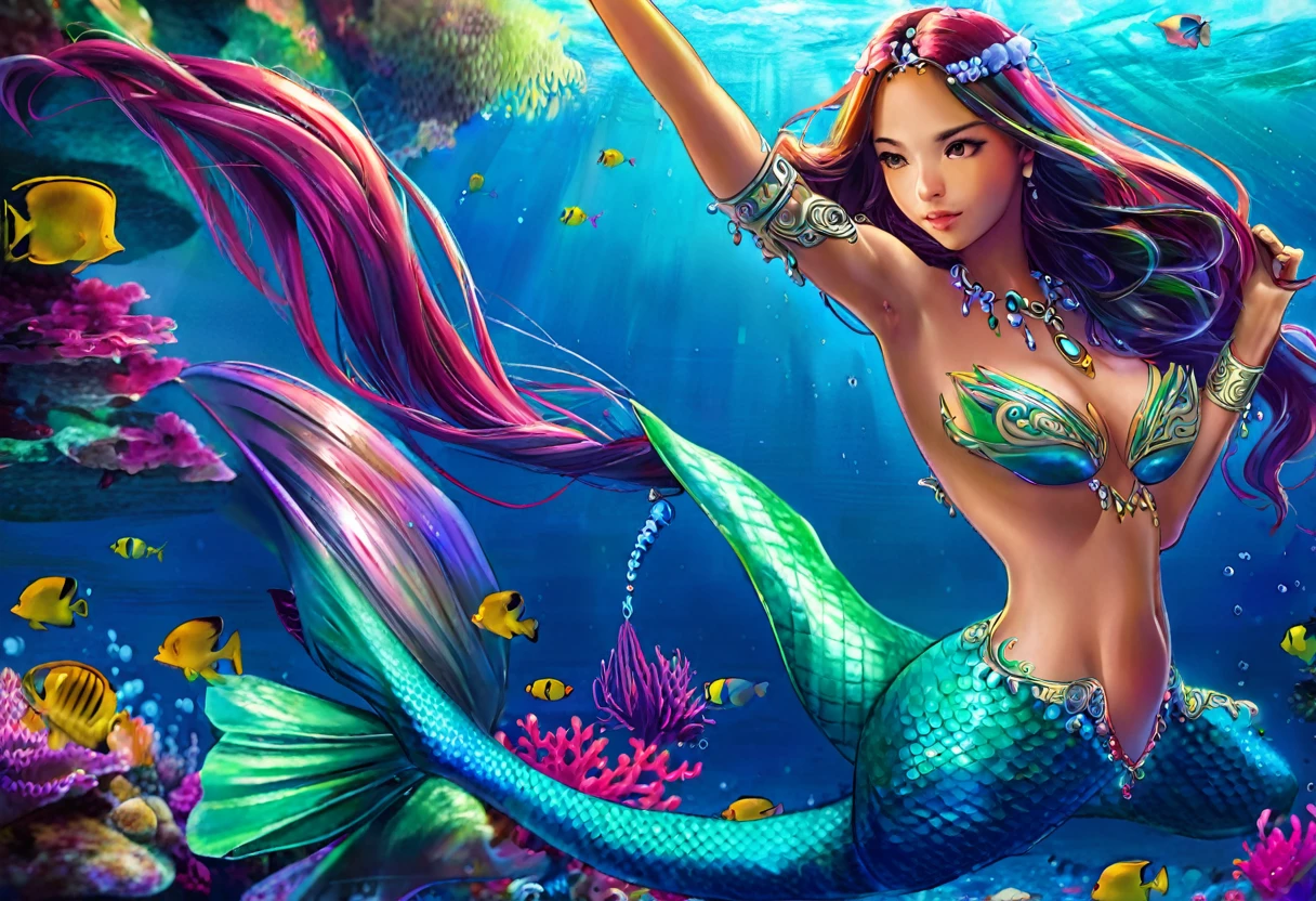 a mermaid princess, filipina, age 20, extremely beautiful, colorful long tail hair, intricate breast coverings, detailed body, underwater gala, handsome suitors, (best quality,4k,8k,highres,masterpiece:1.2),ultra-detailed,(realistic,photorealistic,photo-realistic:1.37),portriat,fantasy,vibrant colors,dramatic lighting,cinematic,digital painting
